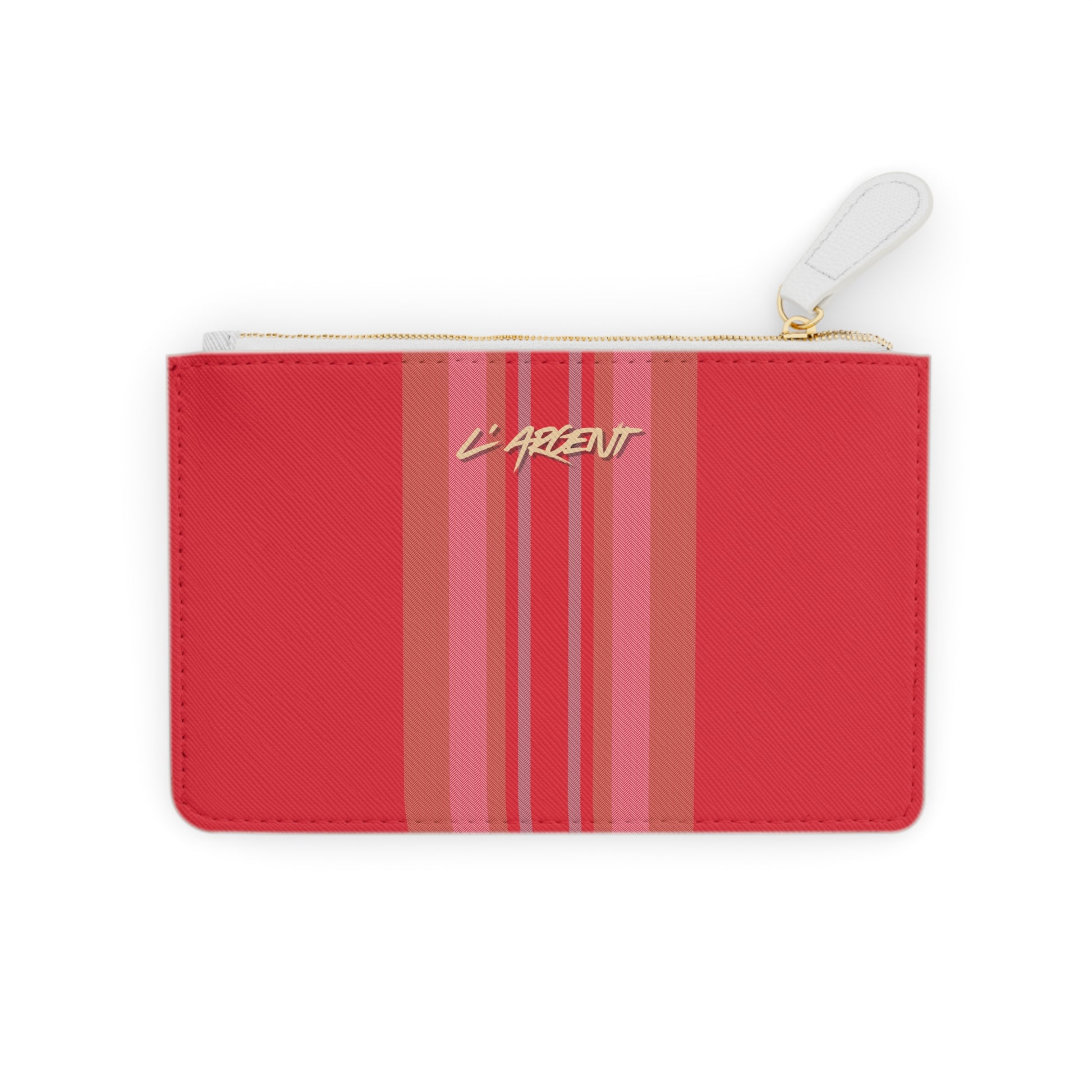 Red pouch with pink stripes and 'L'ARGENT' branding on a white background