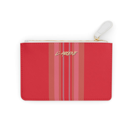 Red pouch with pink stripes and 'L'ARGENT' branding on a white background