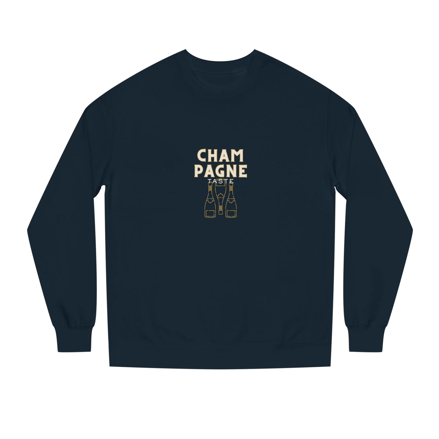 Navy blue long-sleeve shirt with 'Champagne' text and bottle graphics on a white background