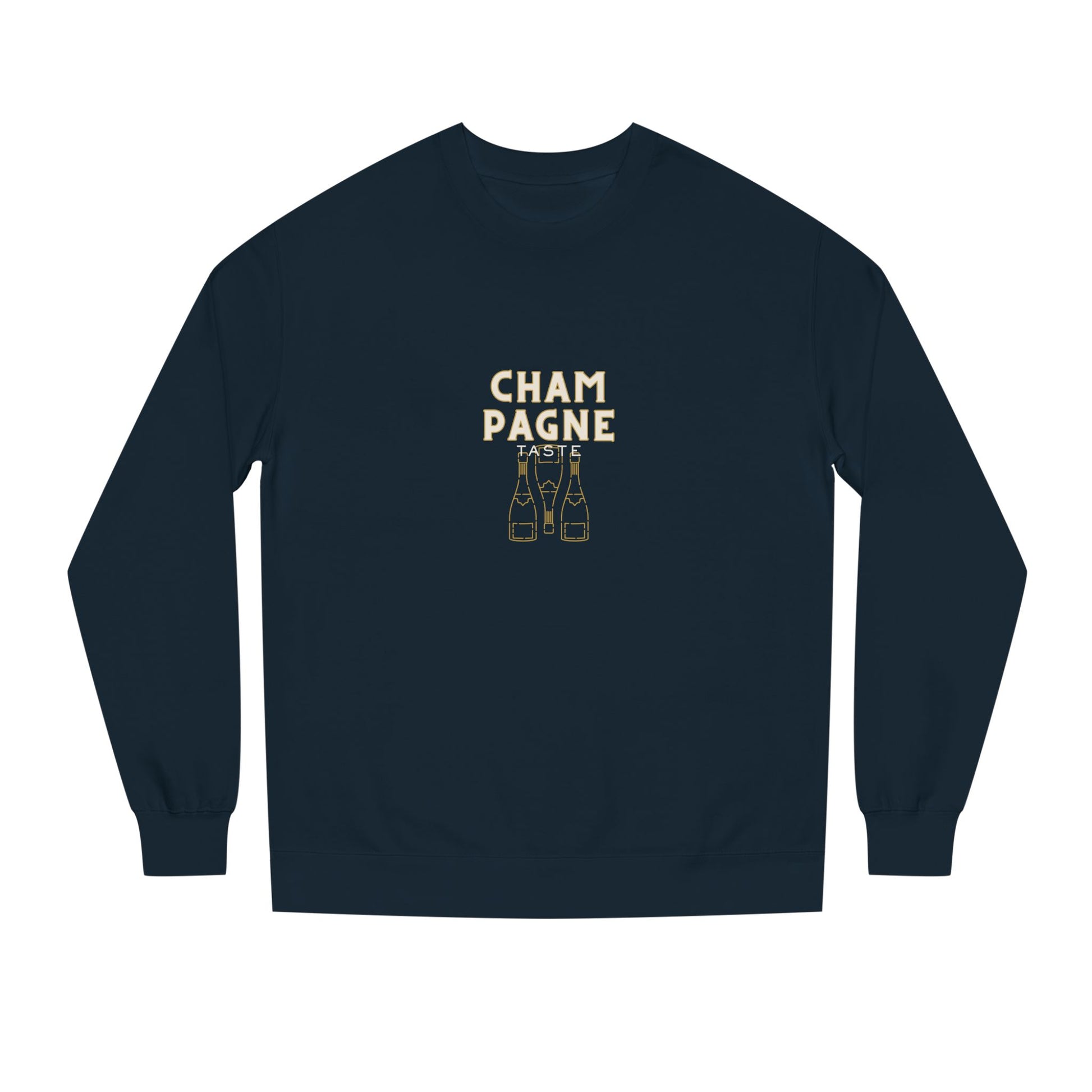 Navy blue long-sleeve shirt with 'Champagne' text and bottle graphics on a white background
