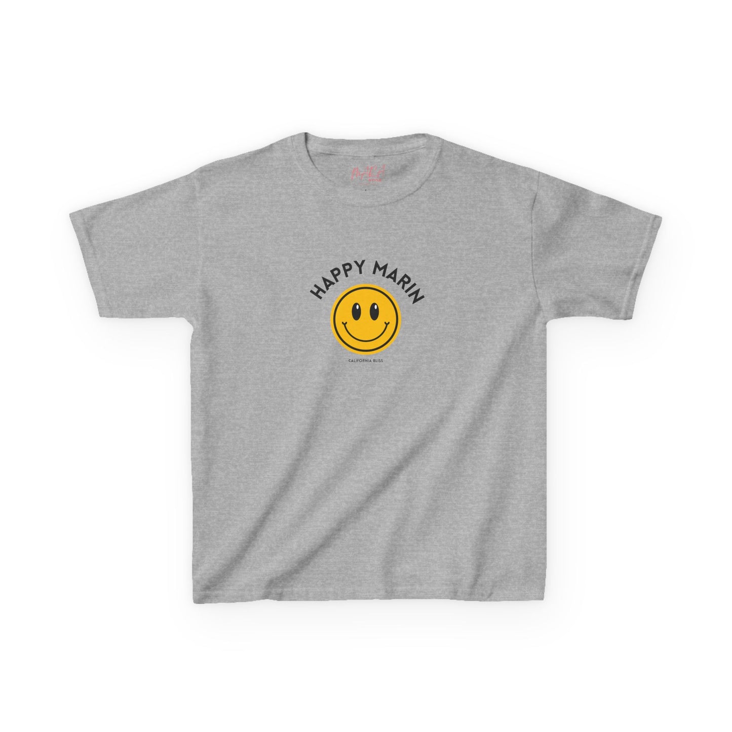 Gray t-shirt with a yellow smiley face and 'Happy Marin' text on a white background