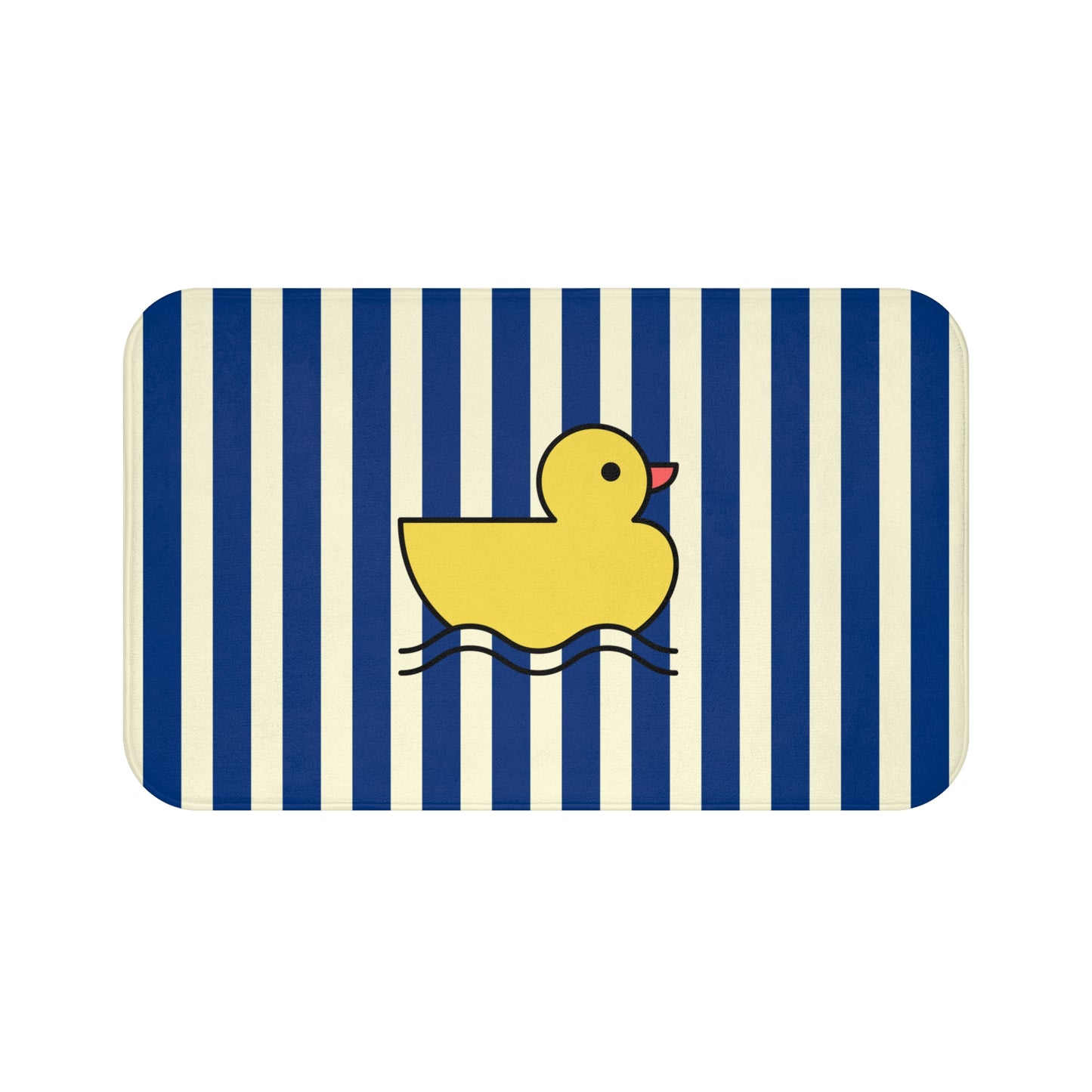 Rectangular bath mat with blue and white stripes and a yellow rubber duck design.