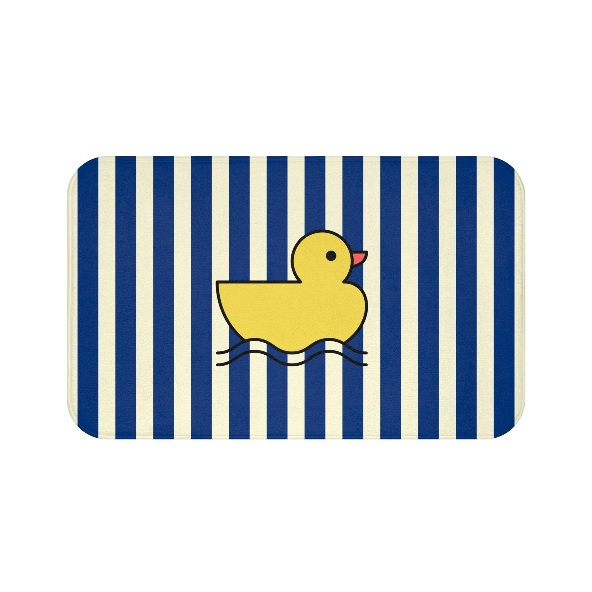 Rectangular bath mat with blue and white stripes and a yellow rubber duck design.