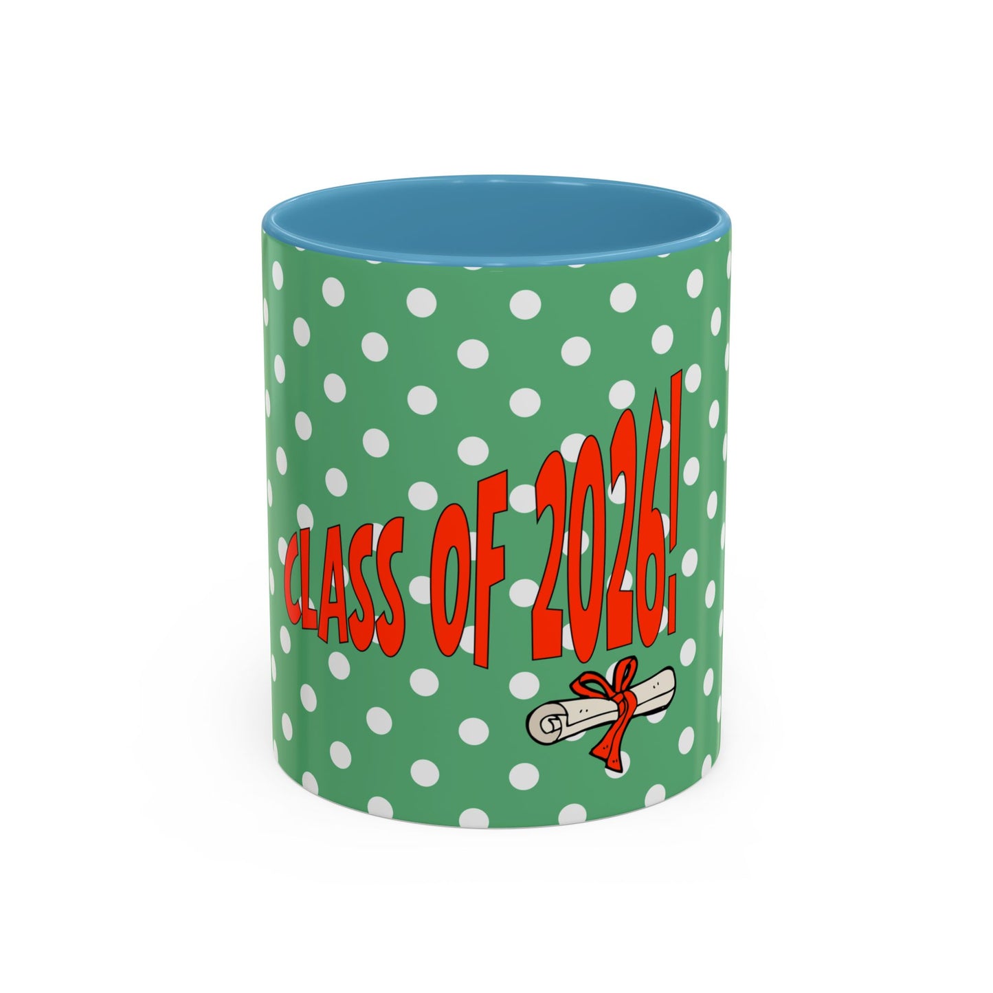Green polka dot mug with red text 'Class of 2026' on a white background