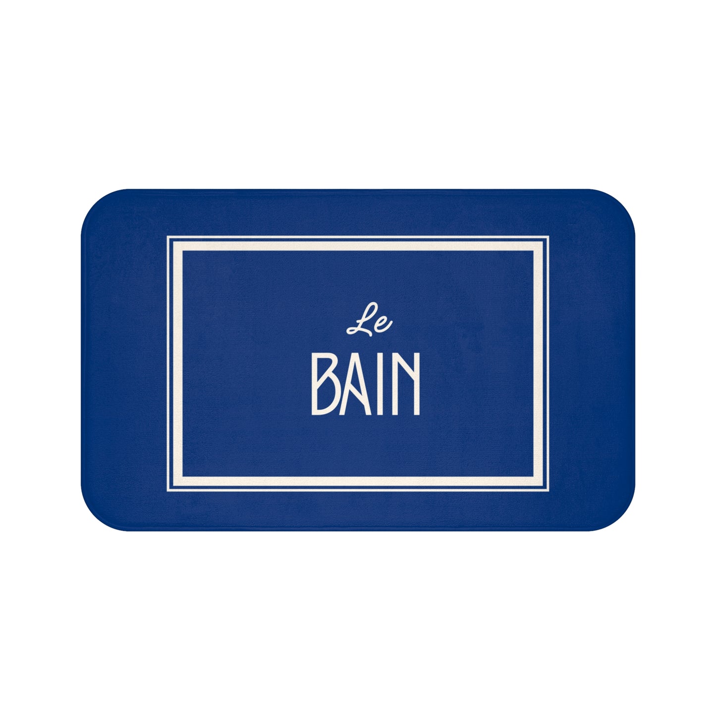 Navy blue bath mat with 'Le Bain' text on a white background