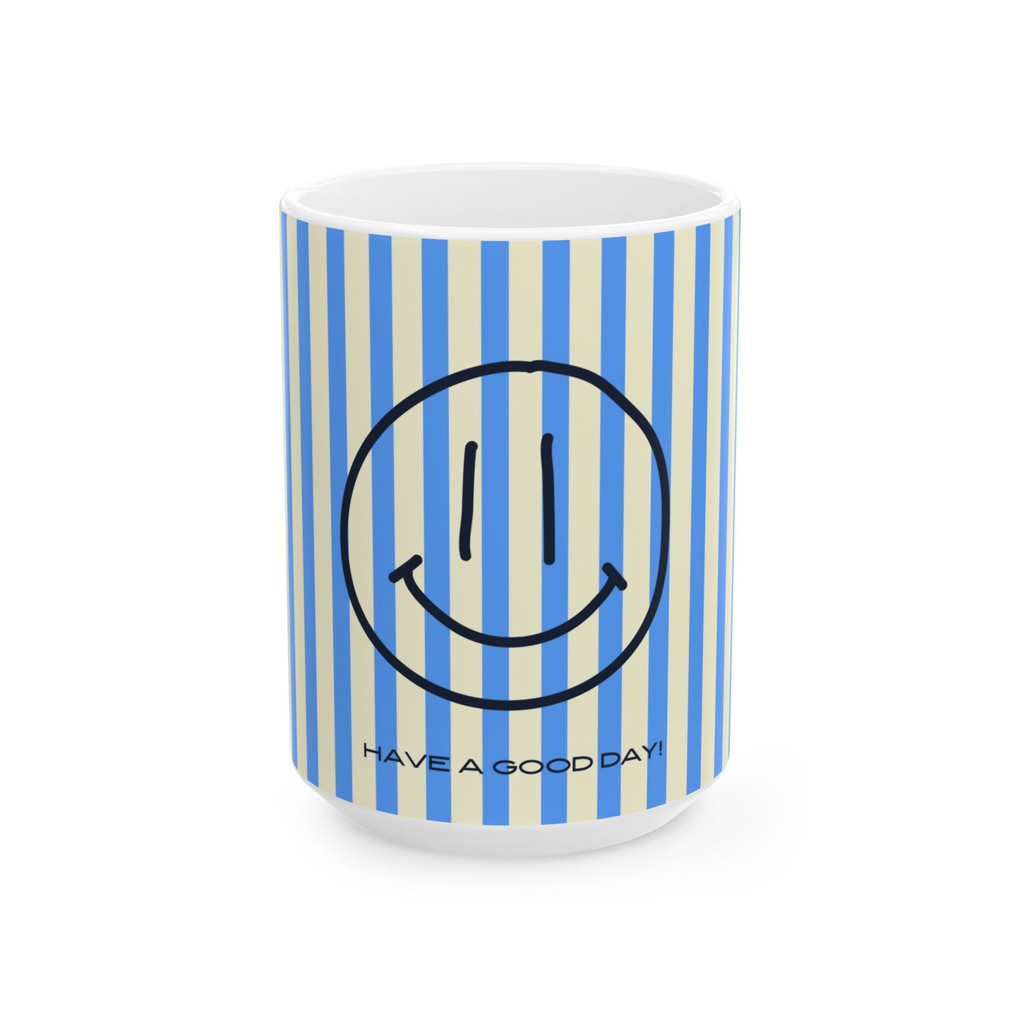 Mug with blue and white striped pattern and smiley face design on a white background
