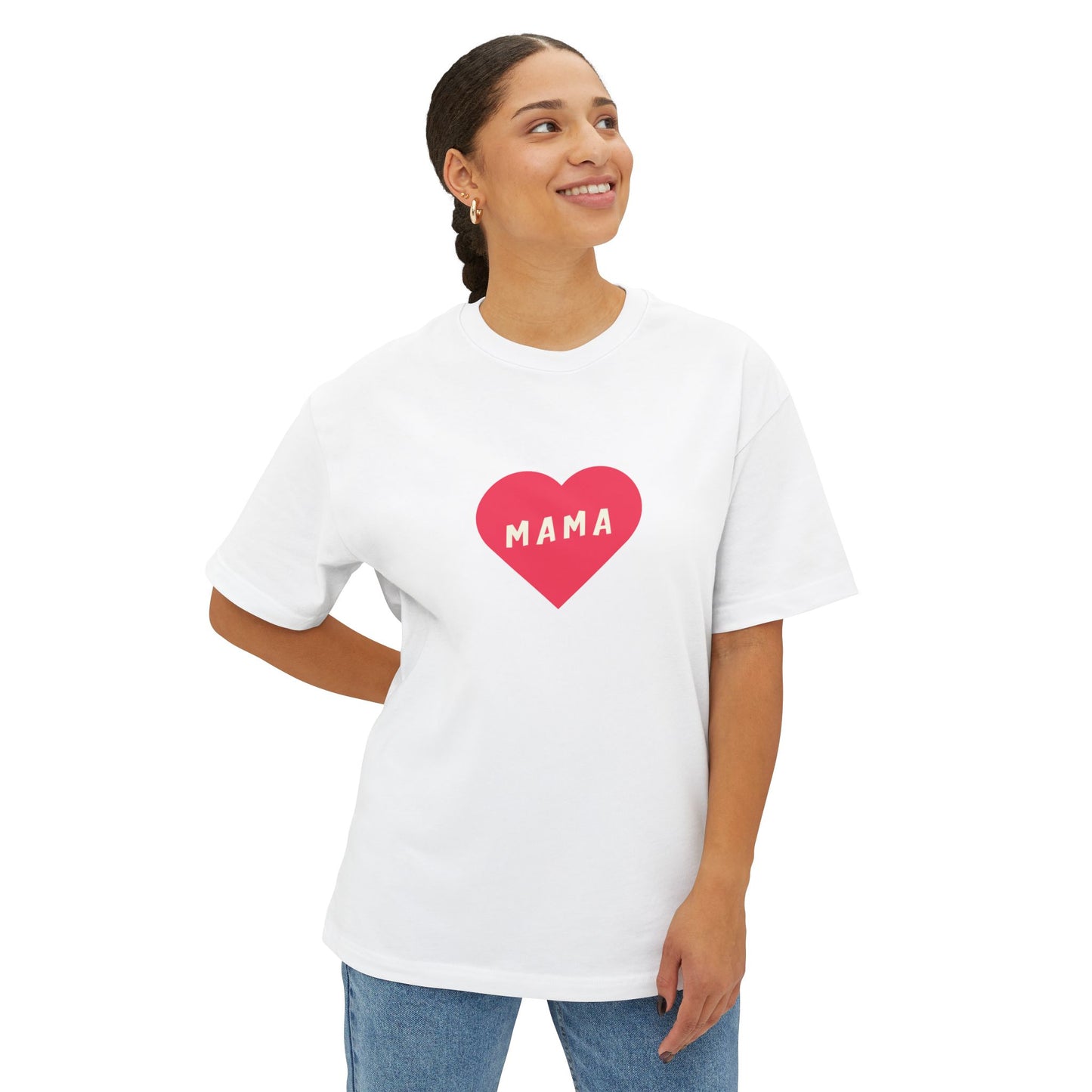 Woman wearing a white t-shirt with a red heart and 'MAMA' text on a white background