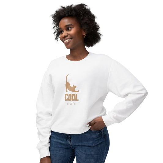 Woman wearing a white sweatshirt with a cat graphic and 'COOL CAT' text on a white background