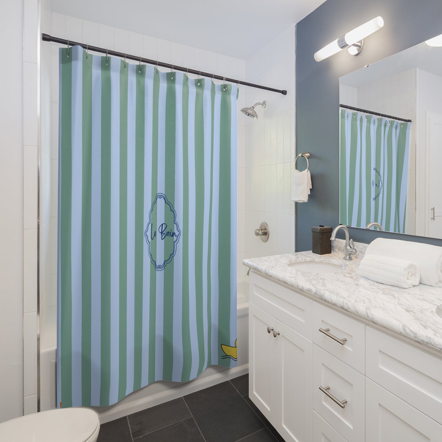 Striped Blue/Green Shower Curtain with Duck "Le Bain"  — French Kids Bathroom Decor