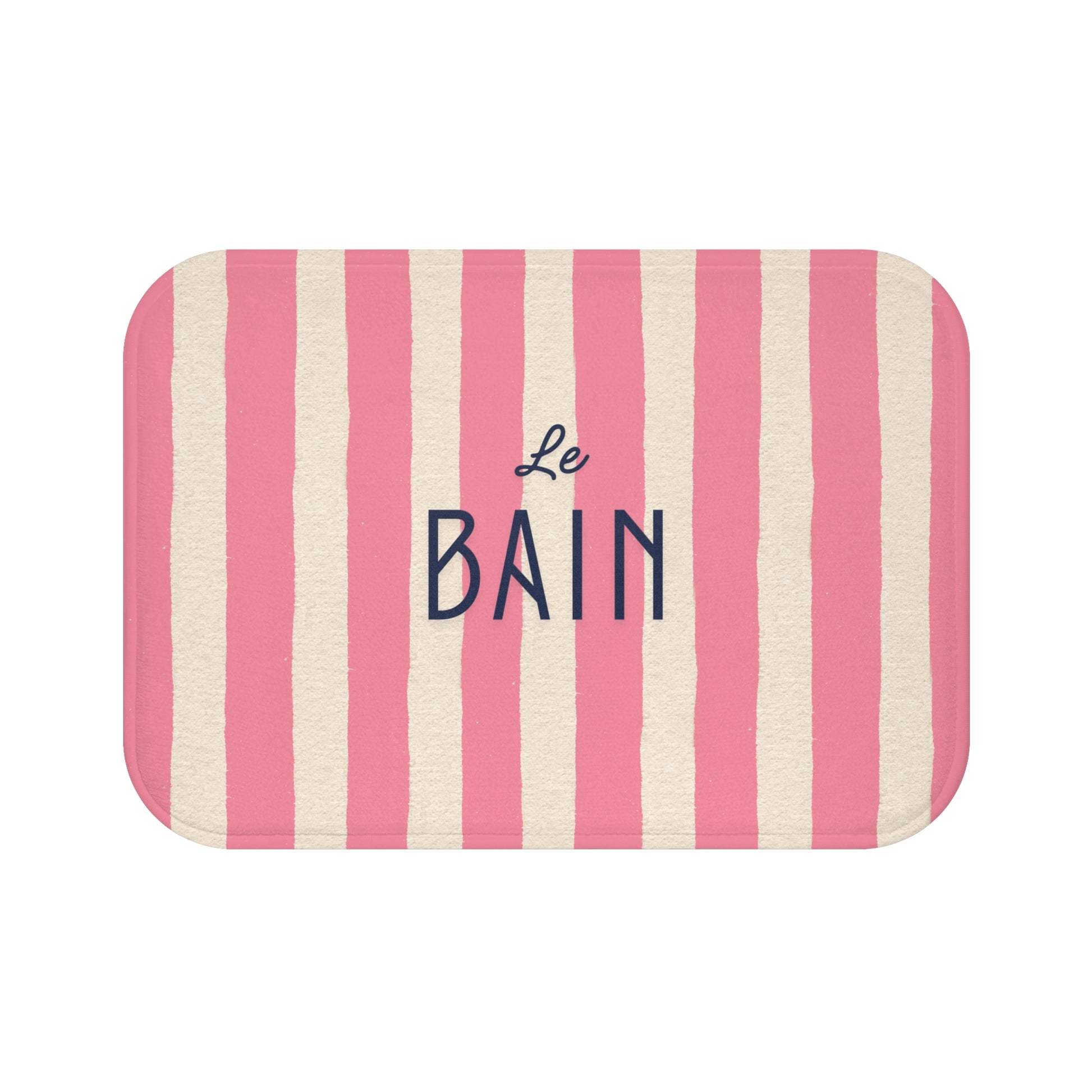 Striped mat with 'Le Bain' text on a white background