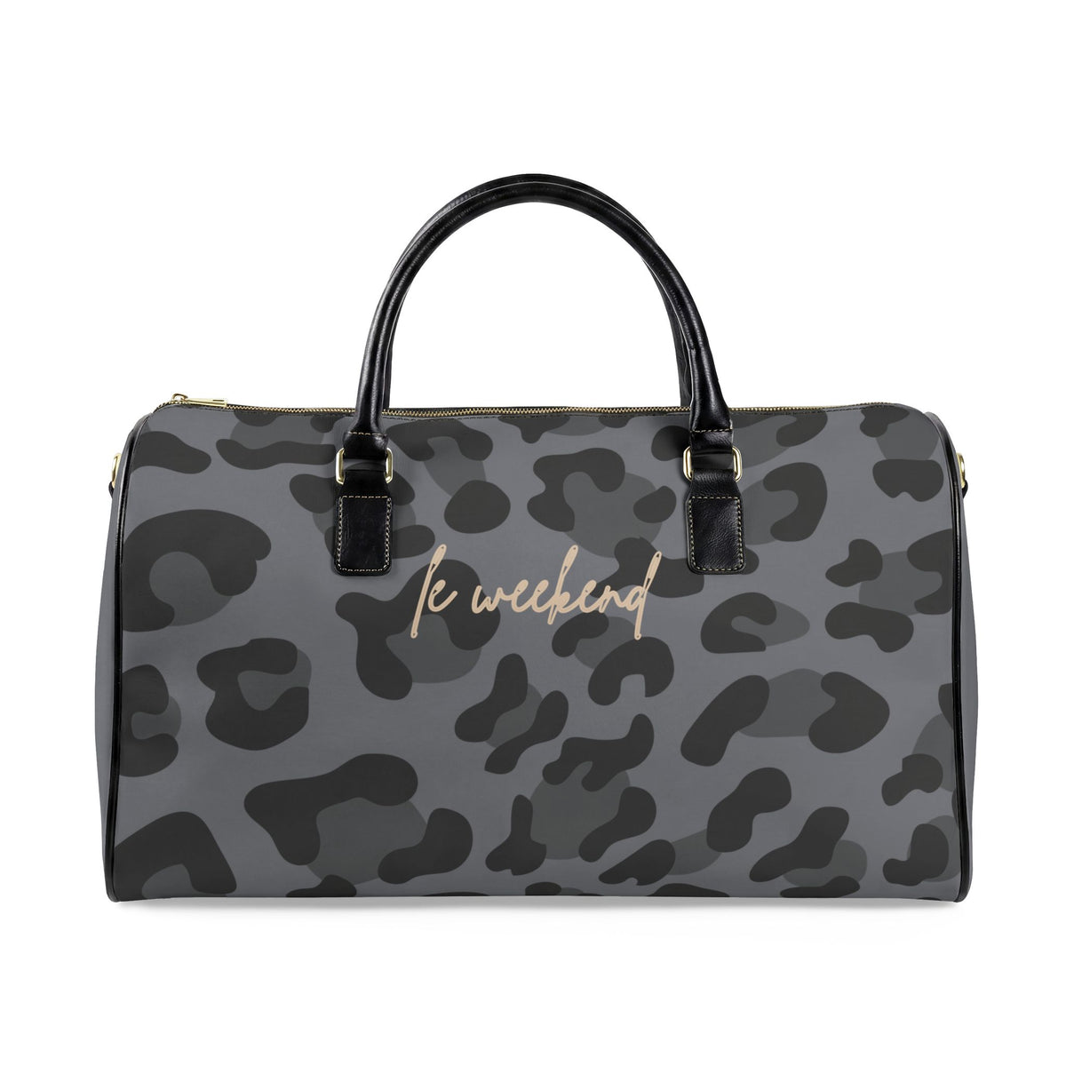 A gray and black leopard print duffle bag with black handles and gold-tone hardware, featuring the script text 'le weekend' in gold on the front.