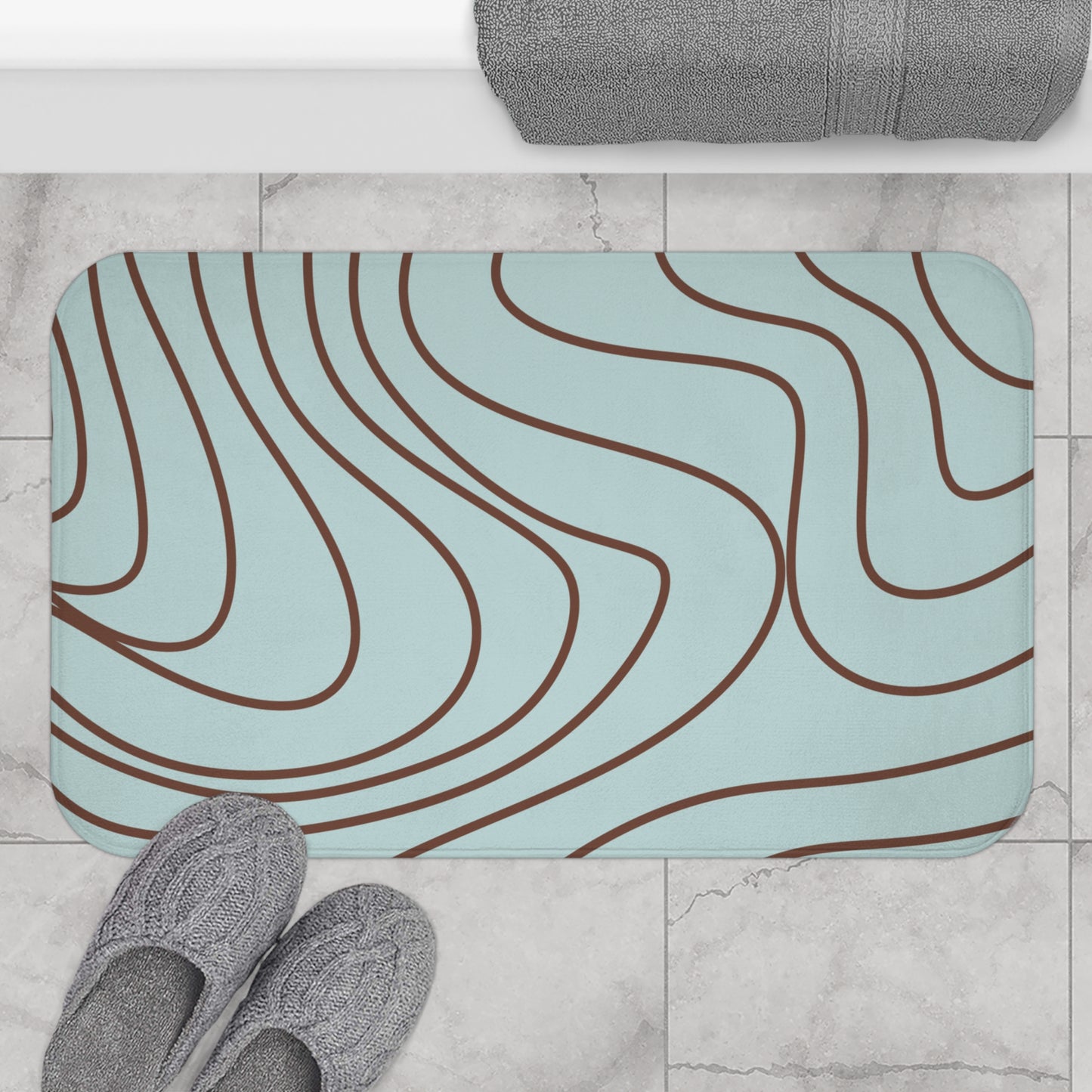 Abstract Wave Bath Mat – Light Aqua Blue with Brown Line Art