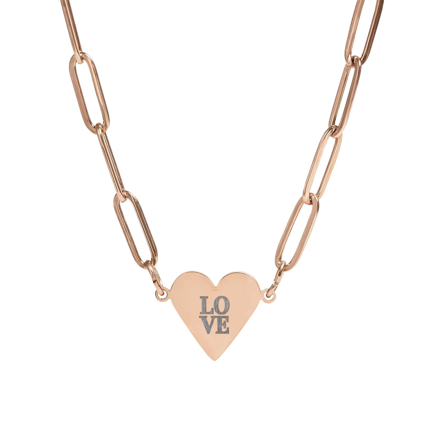 Rose gold necklace with a heart-shaped pendant displaying 'LOVE' on a white background
