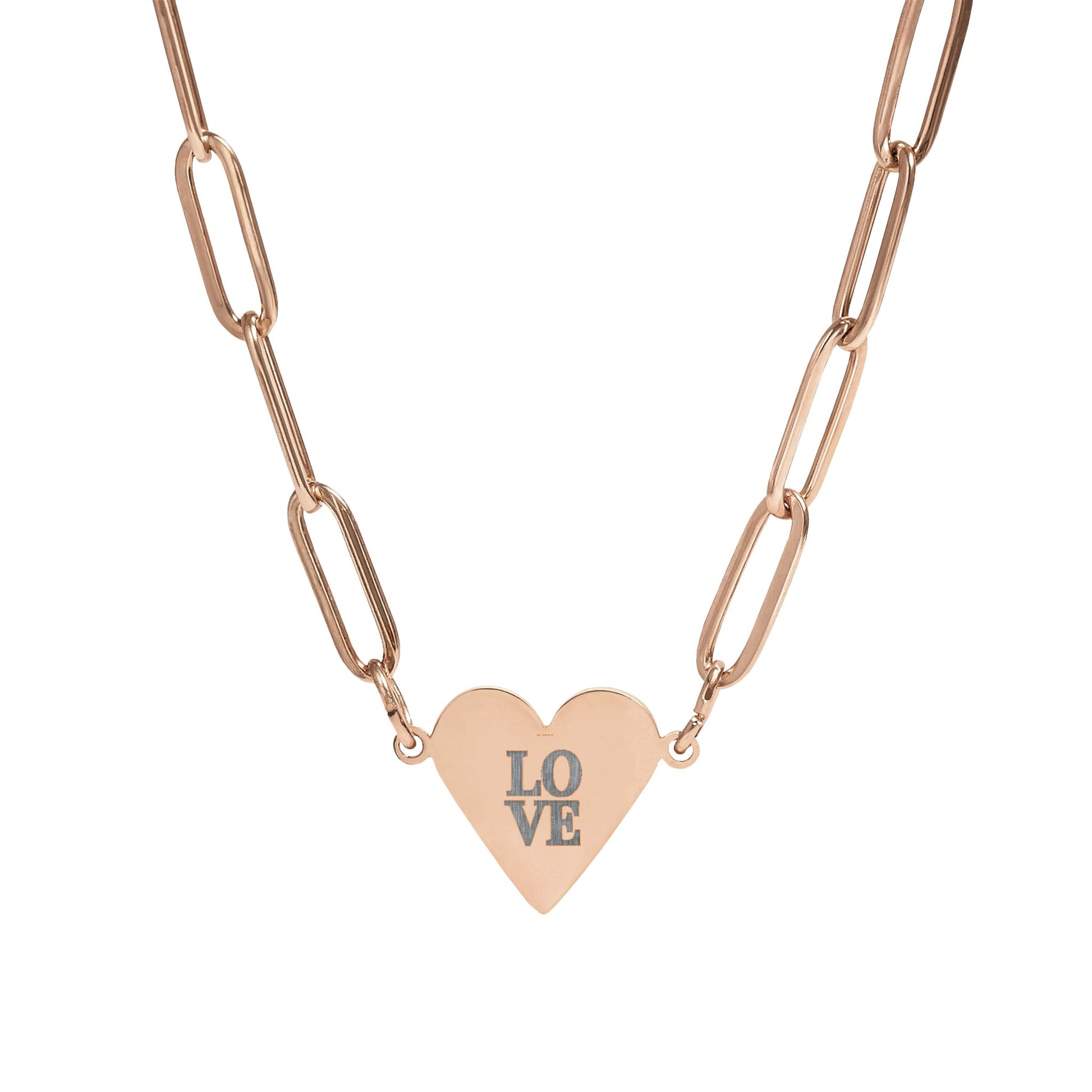 Rose gold necklace with a heart-shaped pendant displaying 'LOVE' on a white background