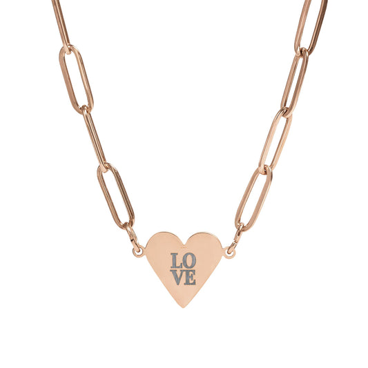 Rose gold necklace with a heart-shaped pendant displaying 'LOVE' on a white background