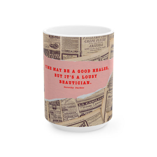 Mug with vintage newspaper design and Dorothy Parker quote on a white background