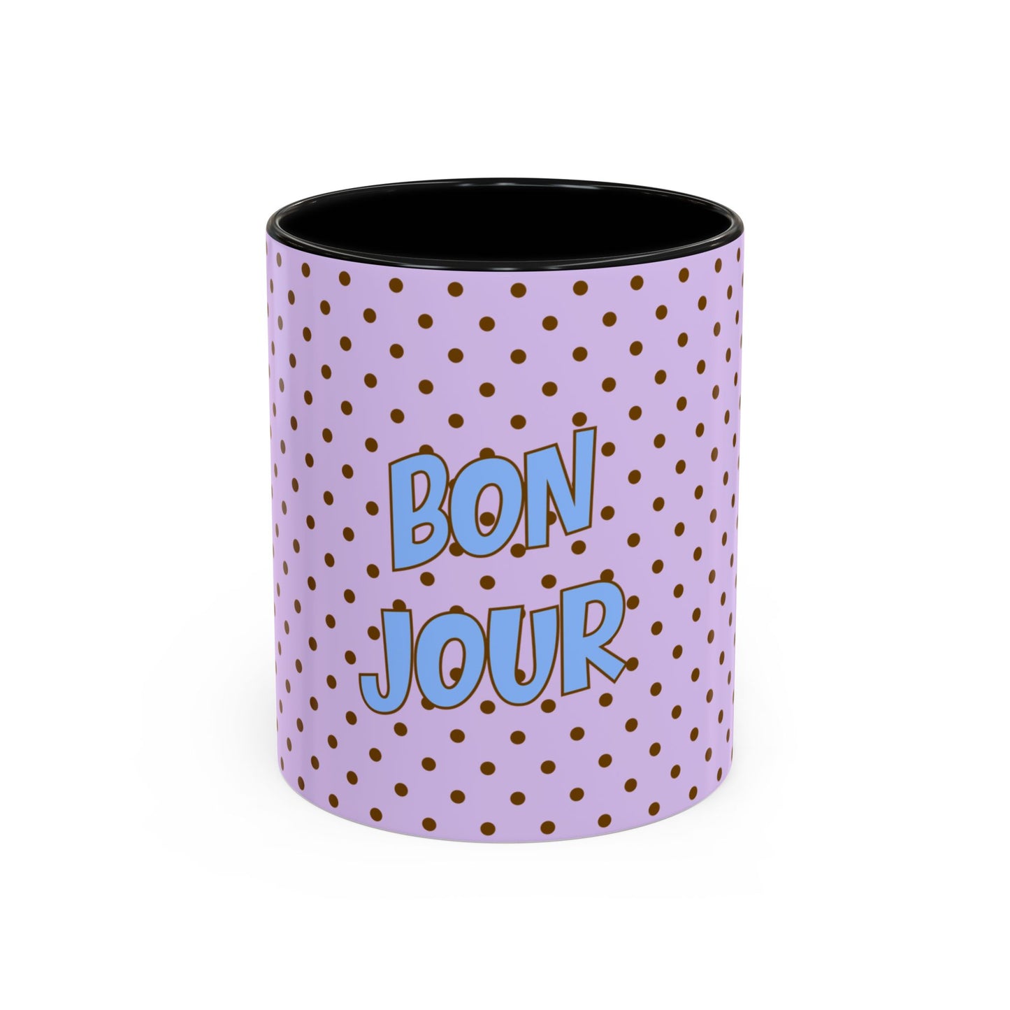 Purple polka dot mug with 'Bon Jour' text on a white background