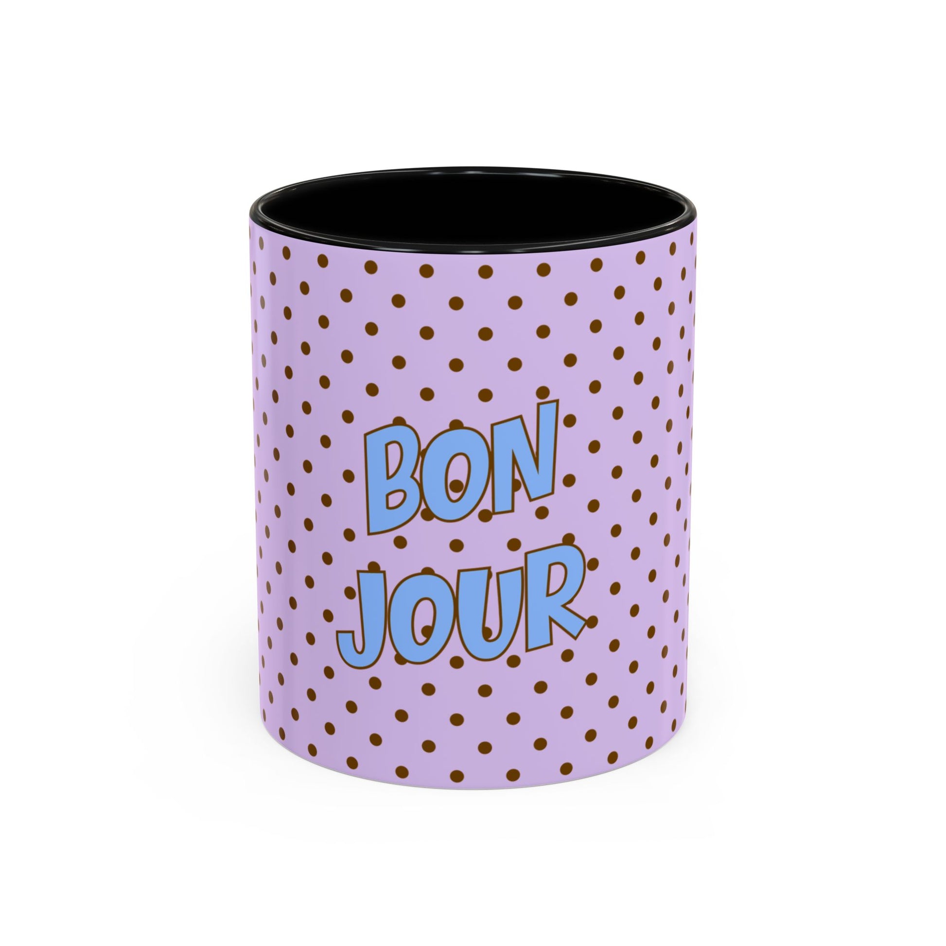 Purple polka dot mug with 'Bon Jour' text on a white background