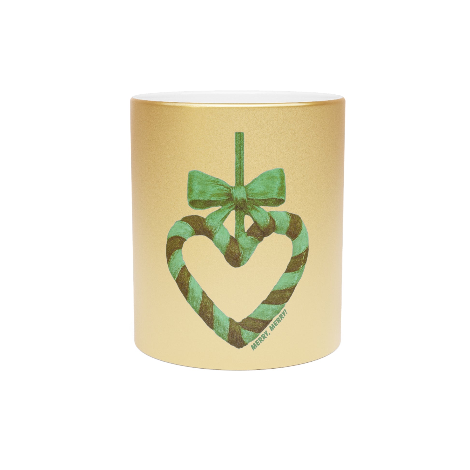 Gold metallic mug with candy cane heart and bow design on a gold background