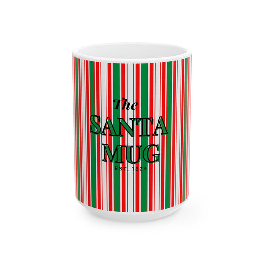 Striped mug with 'The Santa Mug' text on a white background