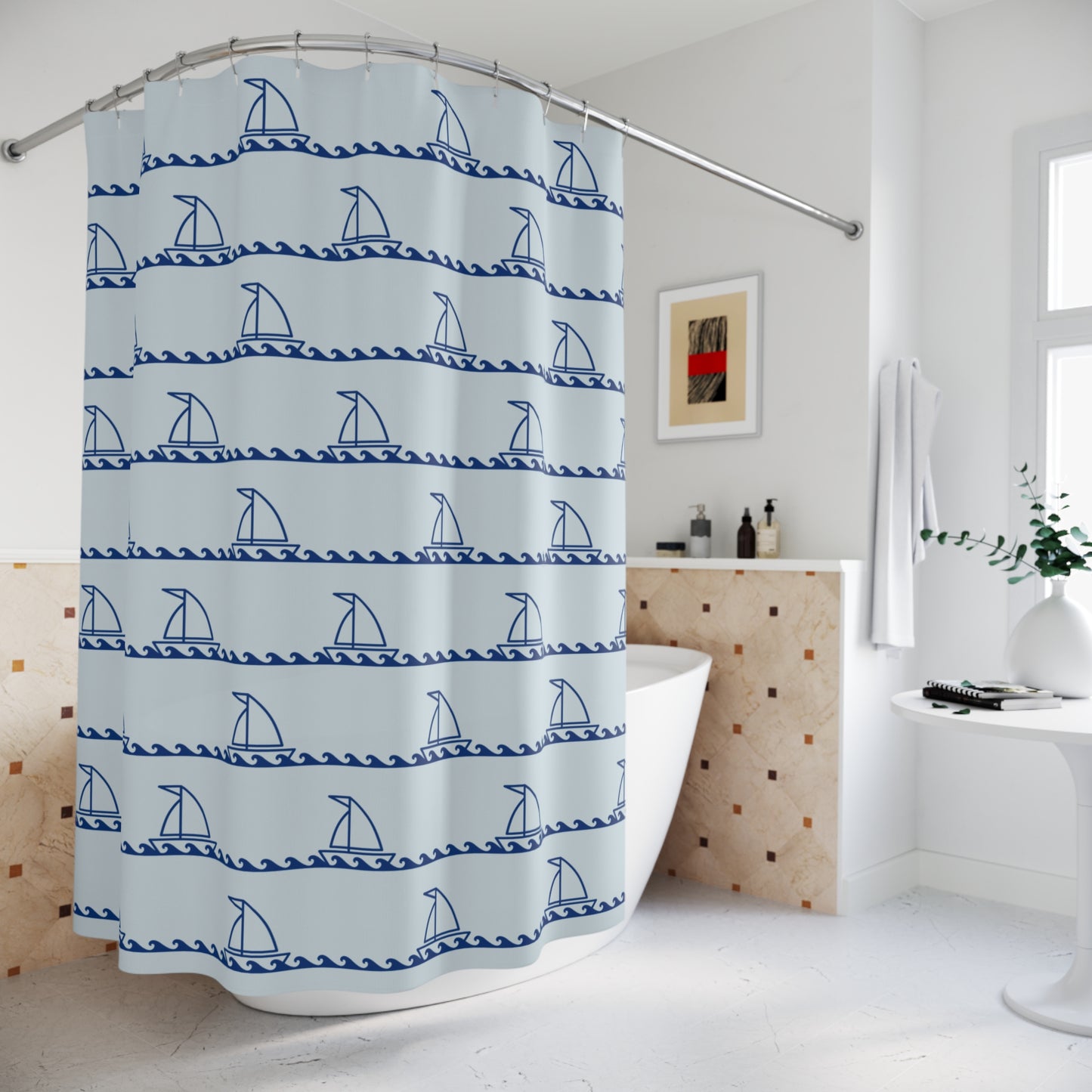 Baby Blue Nautical Sailboat Shower Curtain 