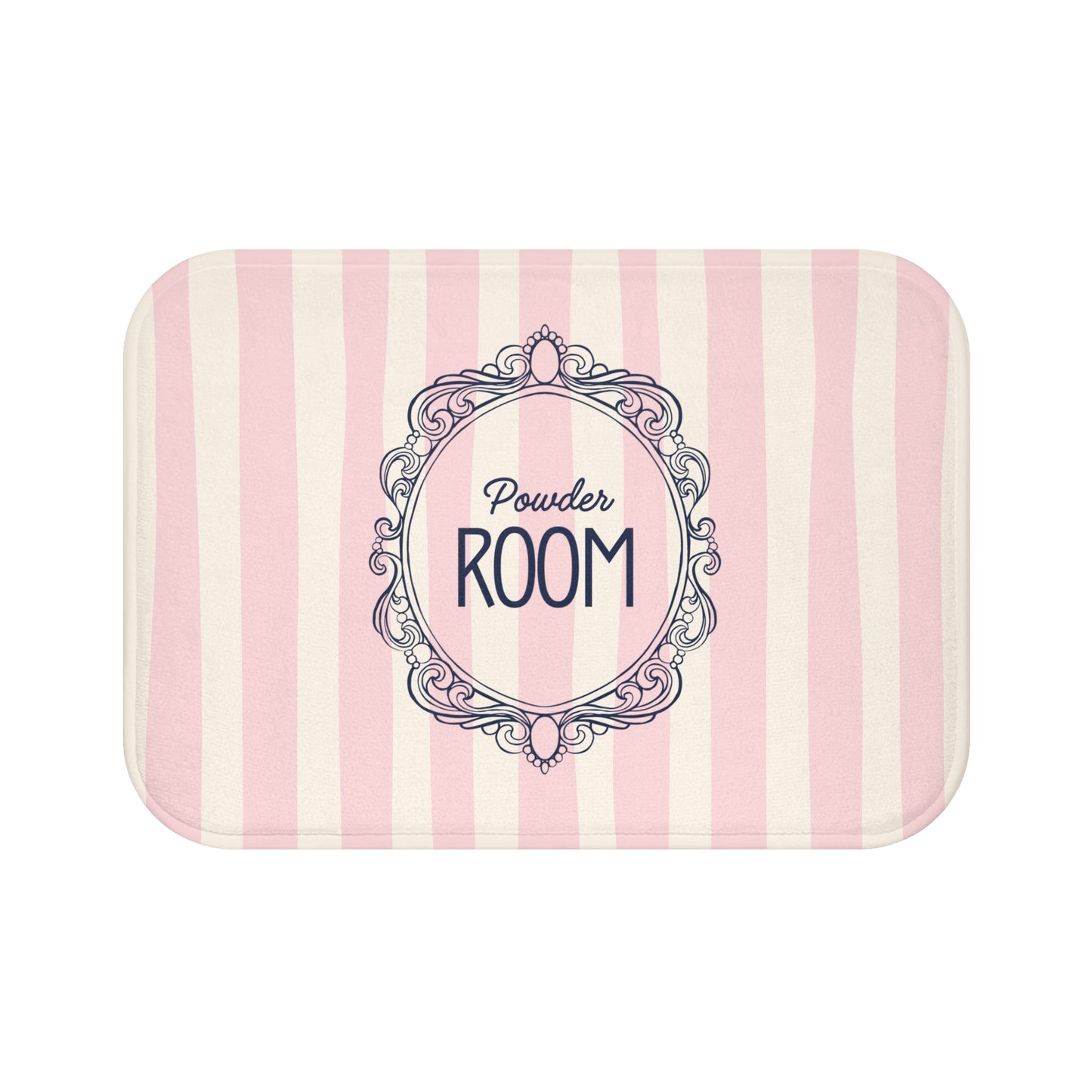 Striped pink and white mat with 'Powder Room' text and decorative frame on a white background