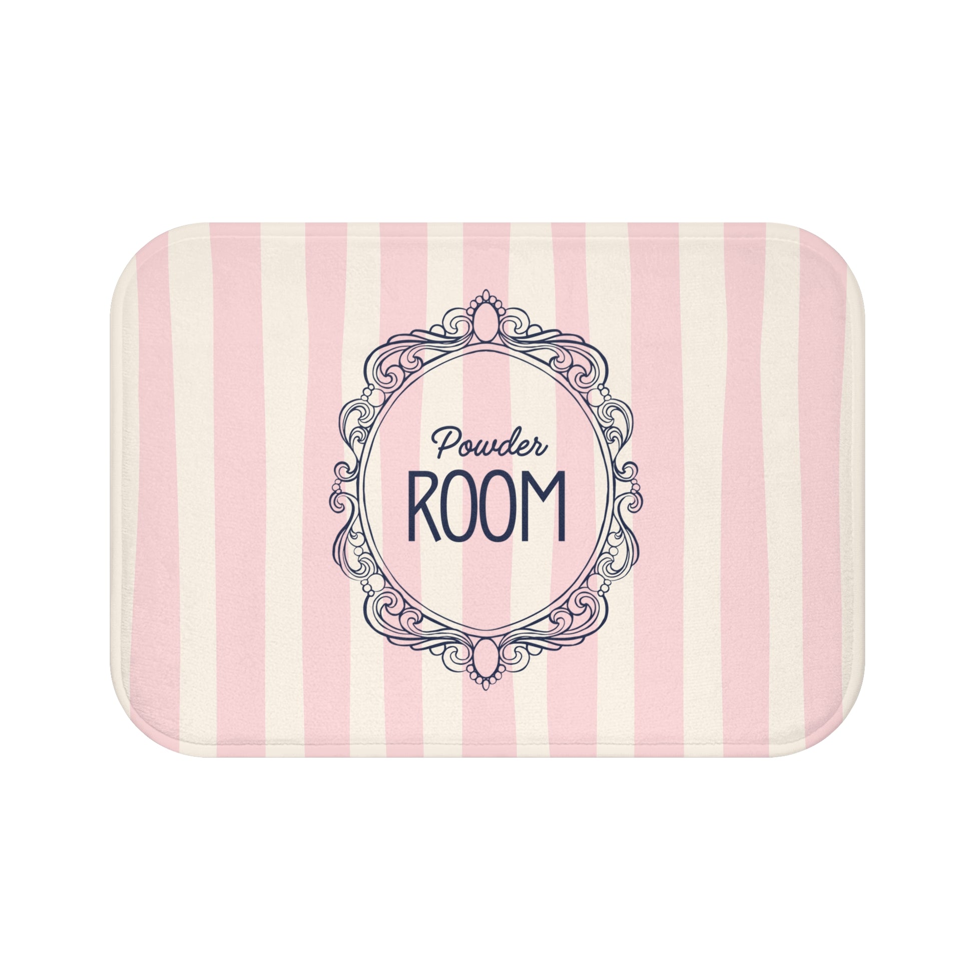 Striped pink and white mat with 'Powder Room' text and decorative frame on a white background