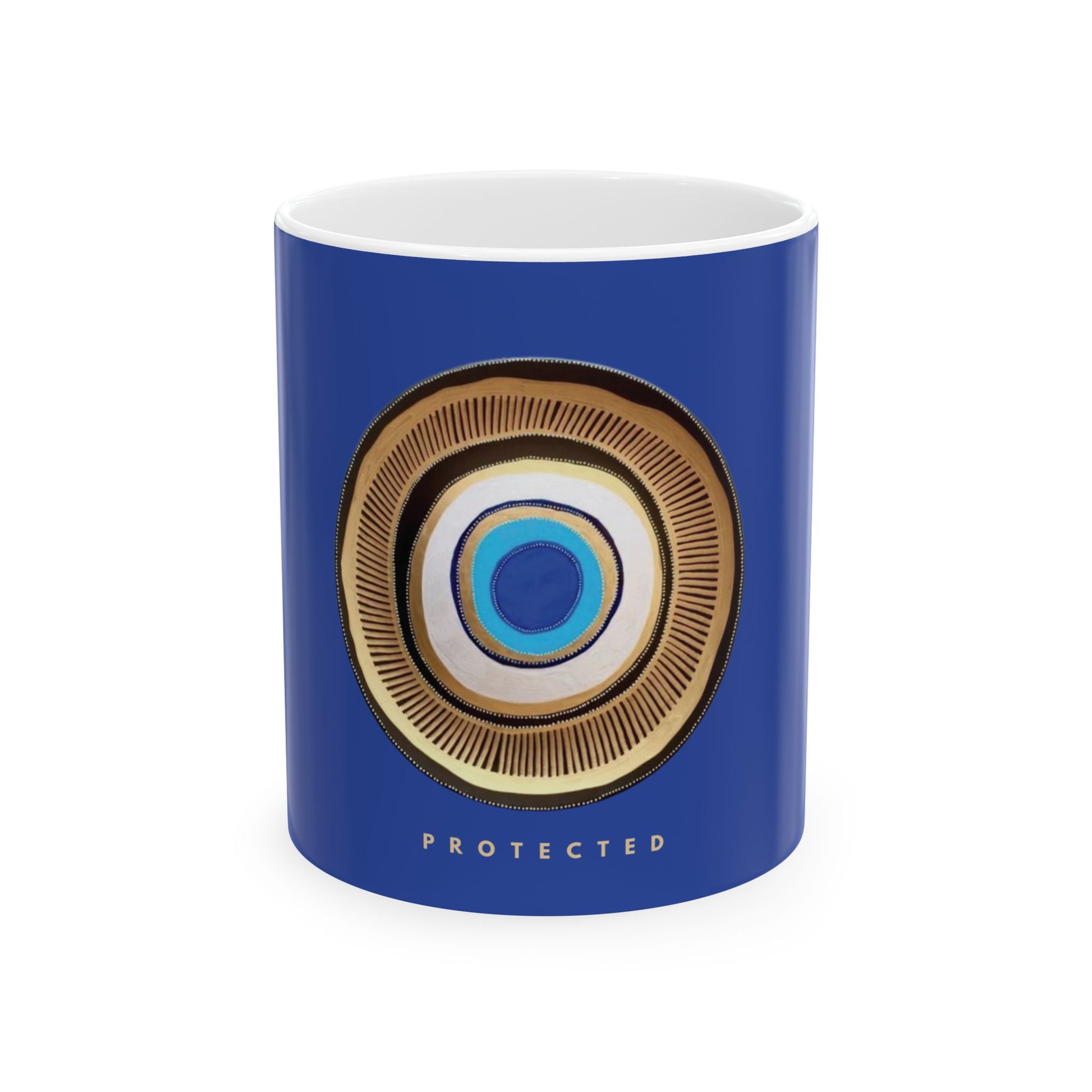 A blue ceramic mug featuring a circular eye motif in gold, white, and light blue, with the word 'PROTECTED' printed below in white, on a clean white background.