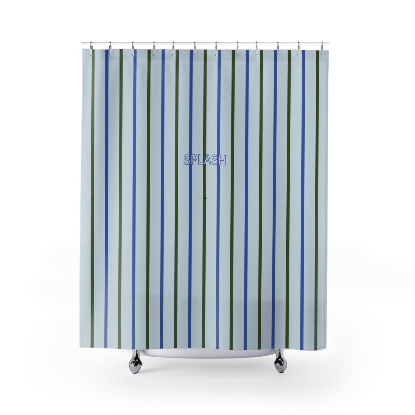 Striped shower curtain with blue and green vertical lines on a white background