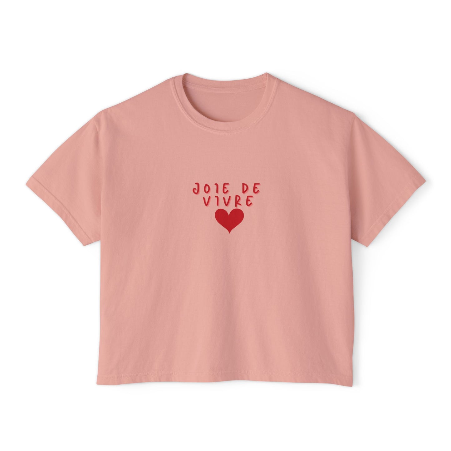 Pink t-shirt with 'JOIE DE VIVRE' and a heart on a white background