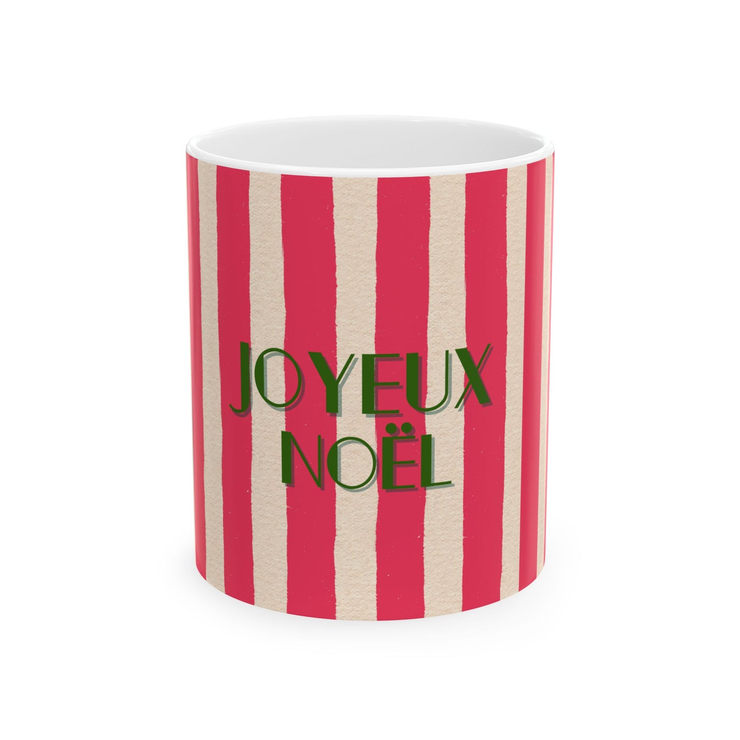 Mug with red and beige stripes and 'Joyeux Noel' text on a white background