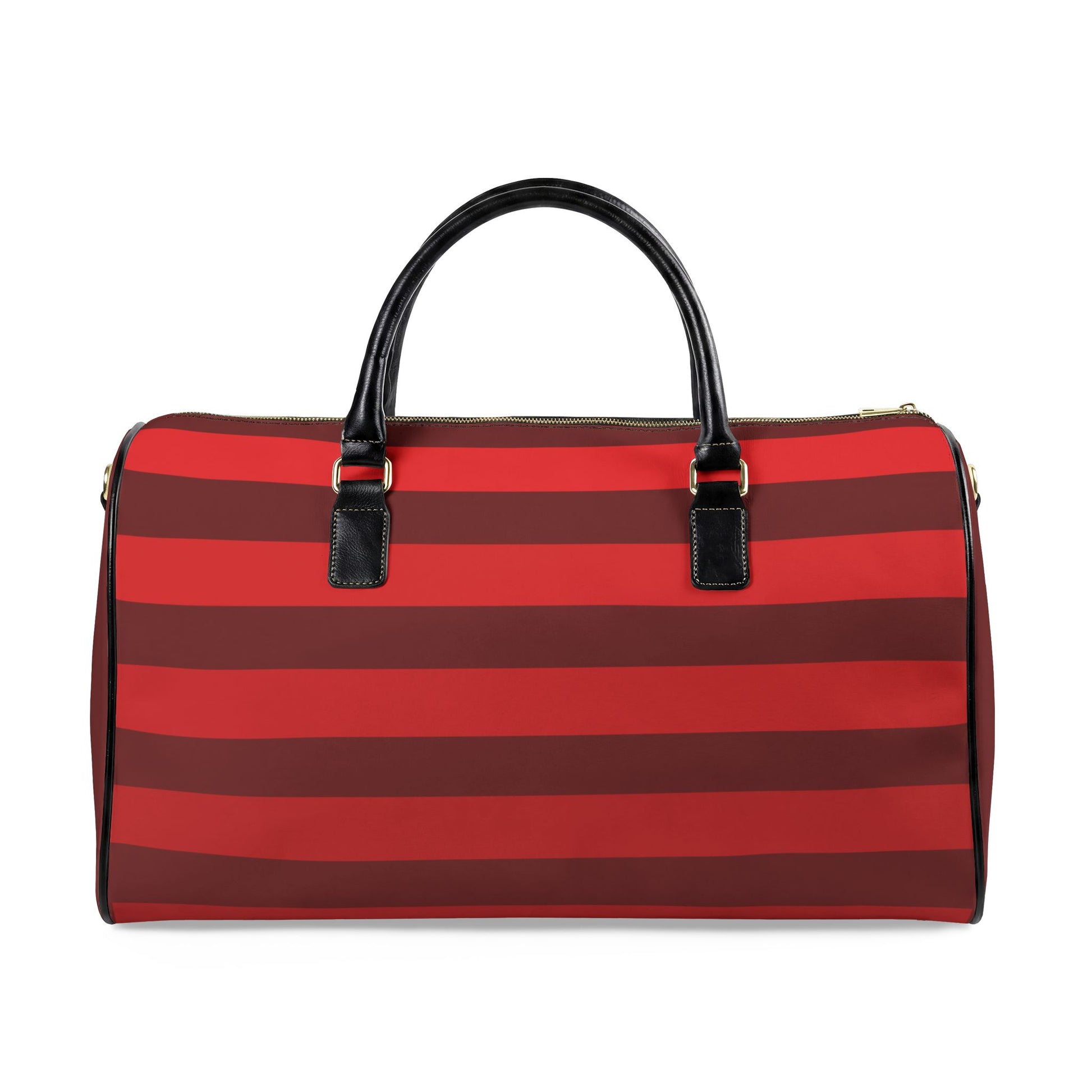 Red and brown striped duffel bag with black handles on a white background