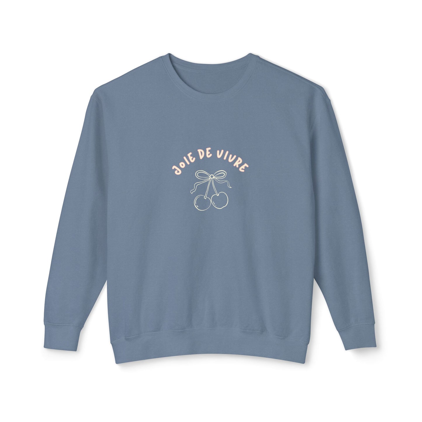 Blue sweatshirt with 'JOIE DE VIVRE' text and cherry design on a white background