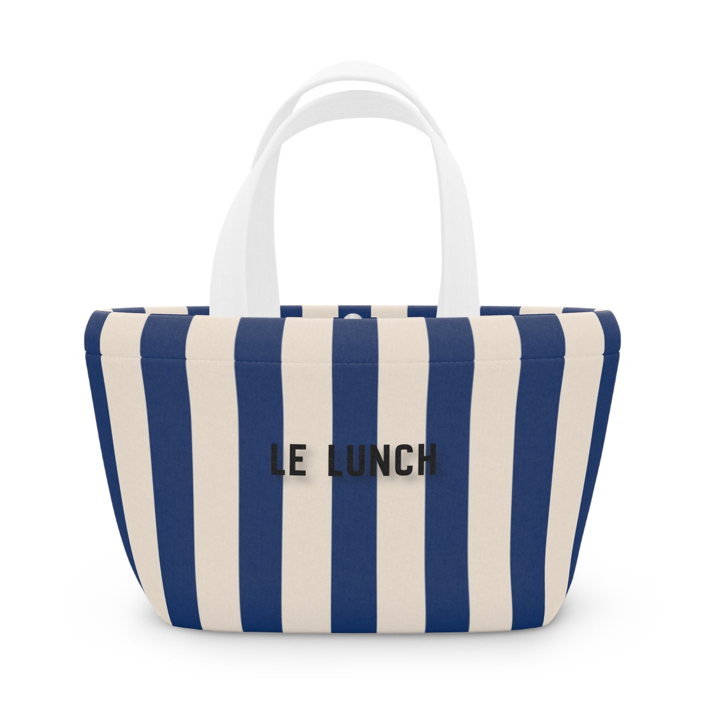 Blue and white striped bag with 'LE LUNCH' text on a white background
