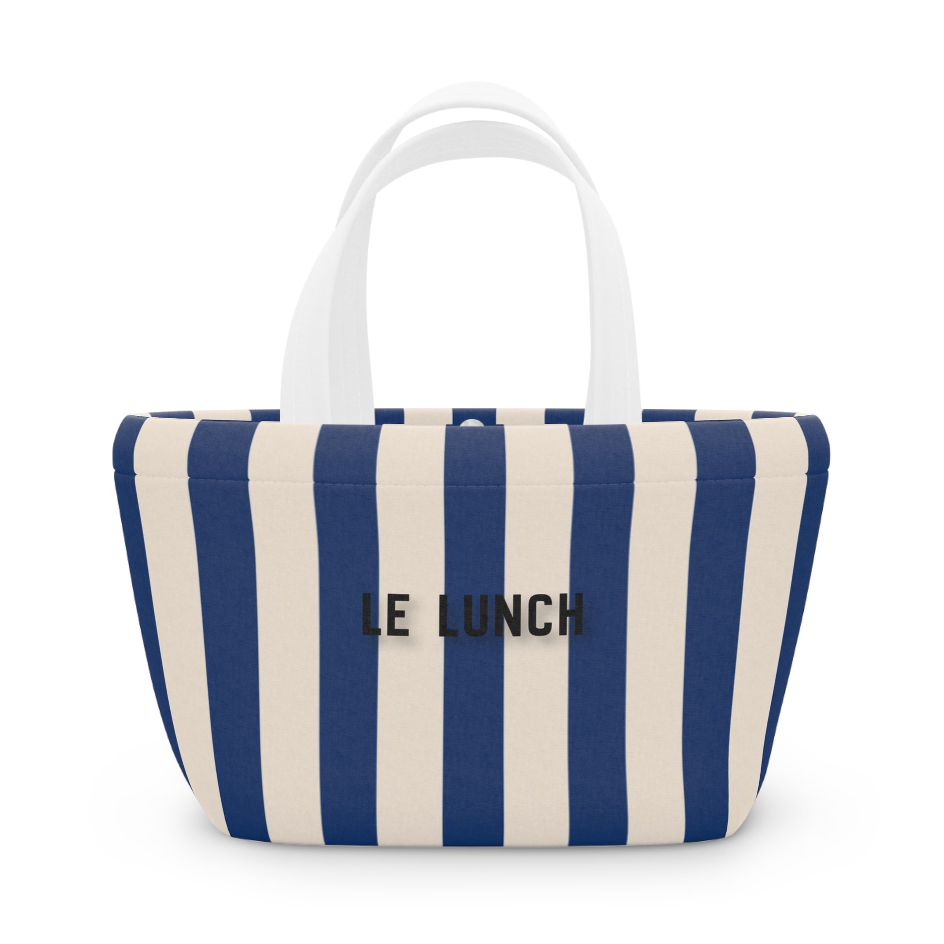 Blue and white striped bag with 'LE LUNCH' text on a white background
