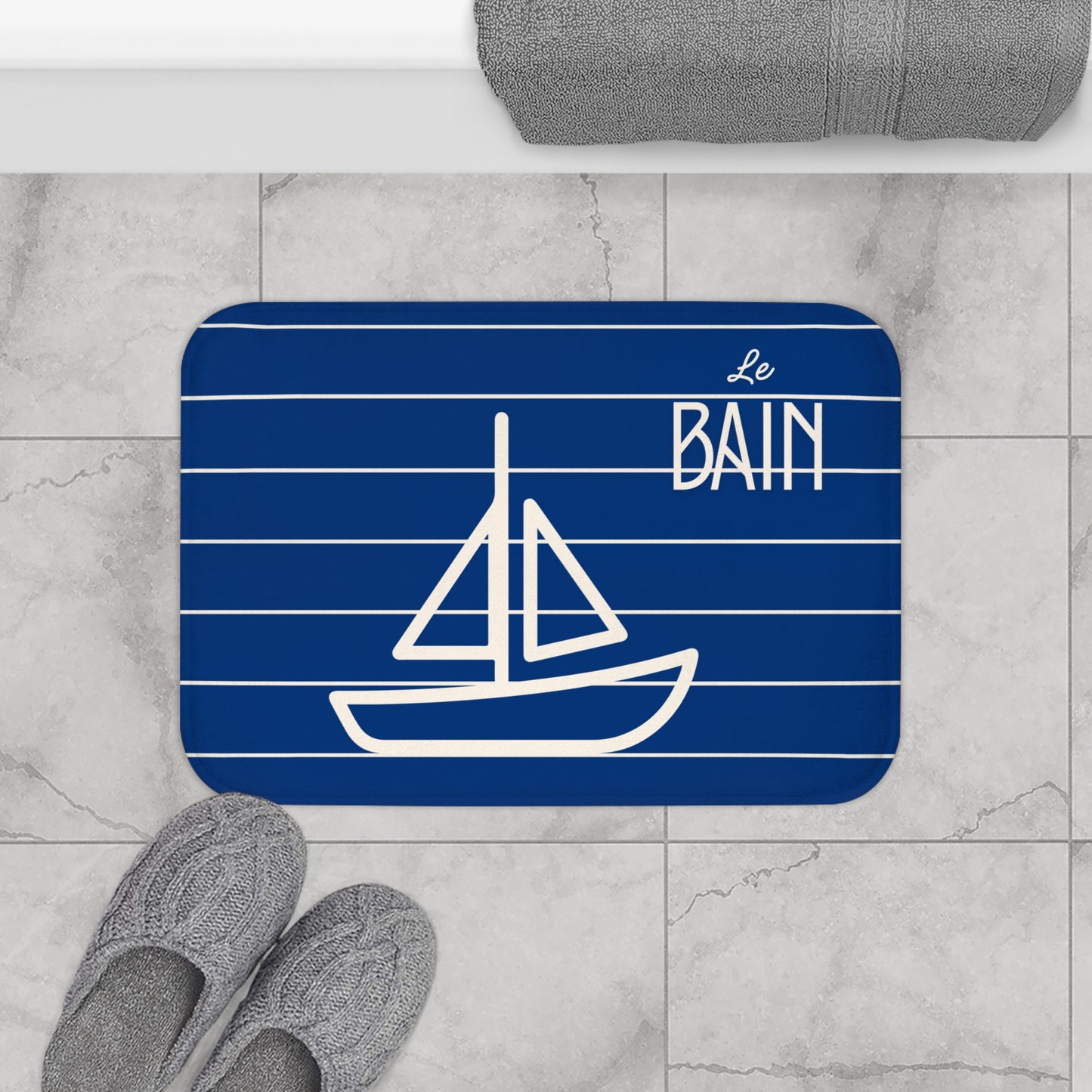 Nautical Blue “Le Bain” Bath Mat — Striped Kid's Sailboat Bathroom Rug