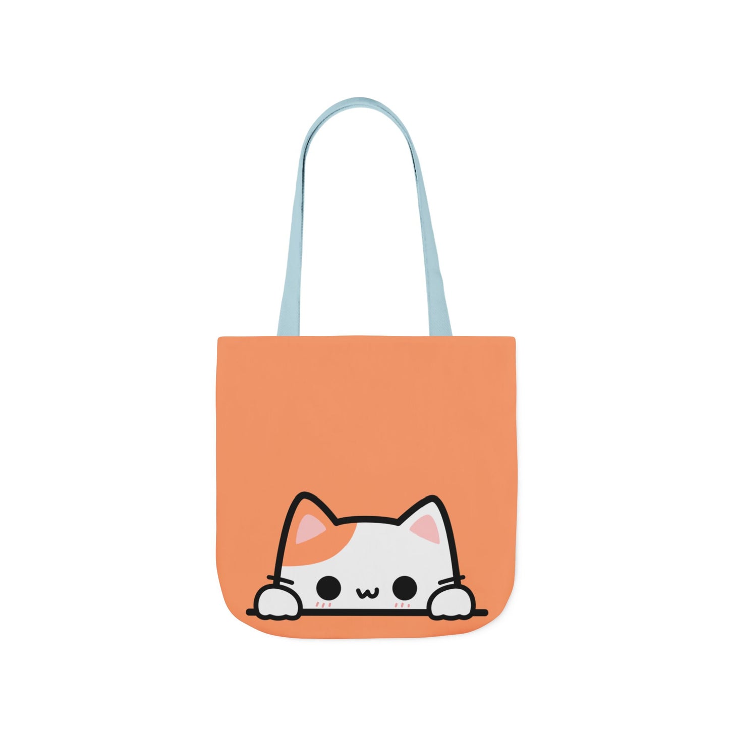 Orange tote bag with a cute cat illustration on a white background