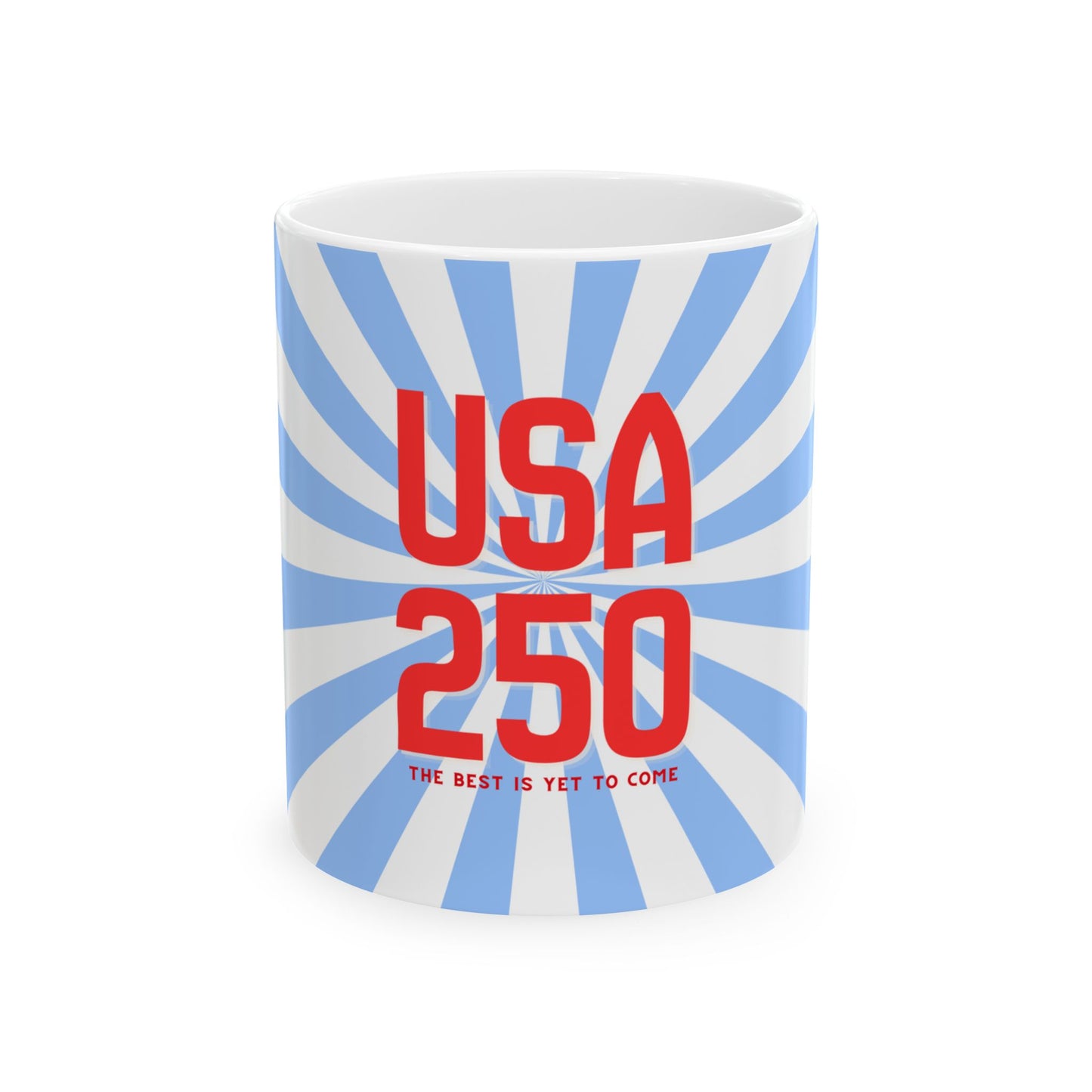 Mug with 'USA 250' text and blue sunburst design on a white background