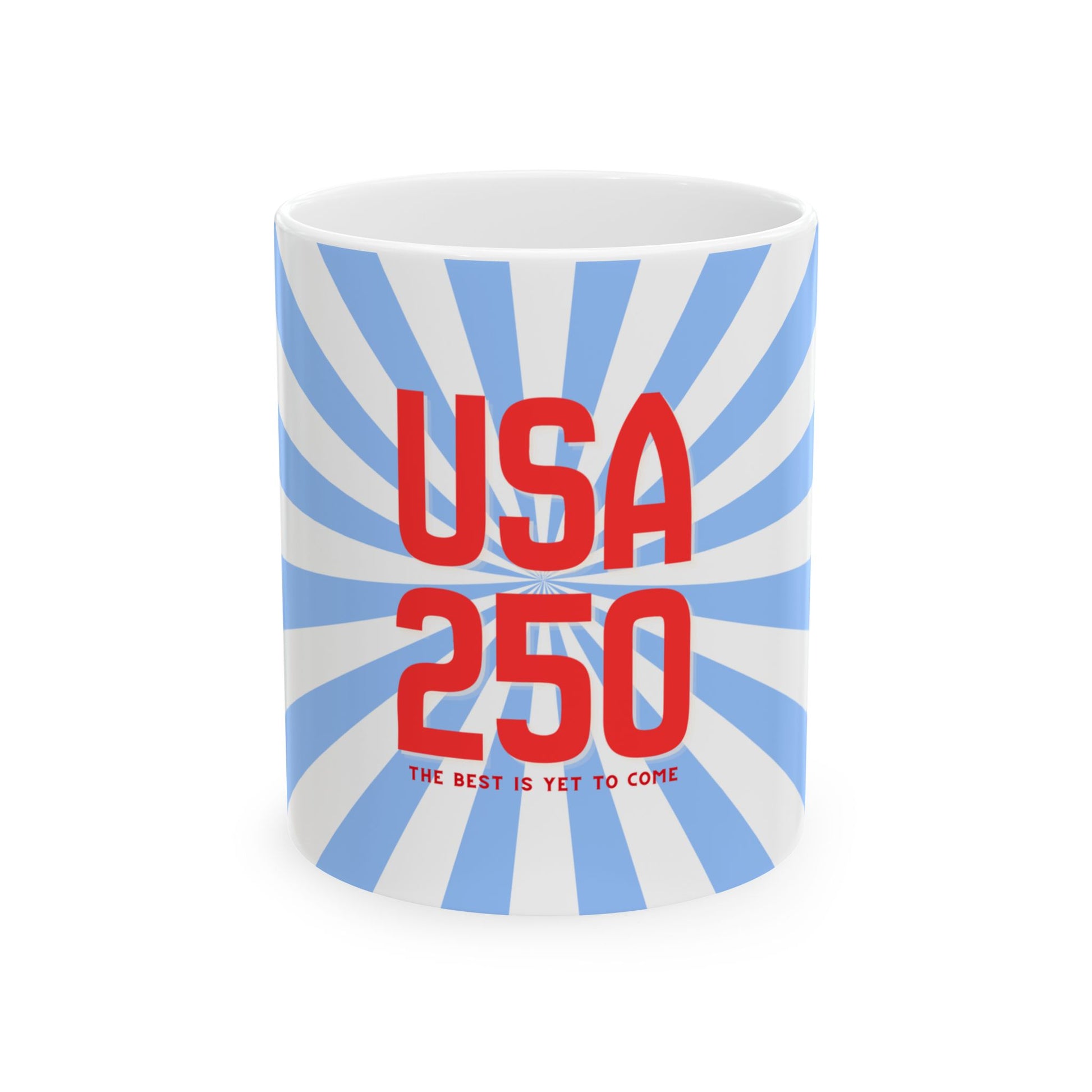 Mug with 'USA 250' text and blue sunburst design on a white background