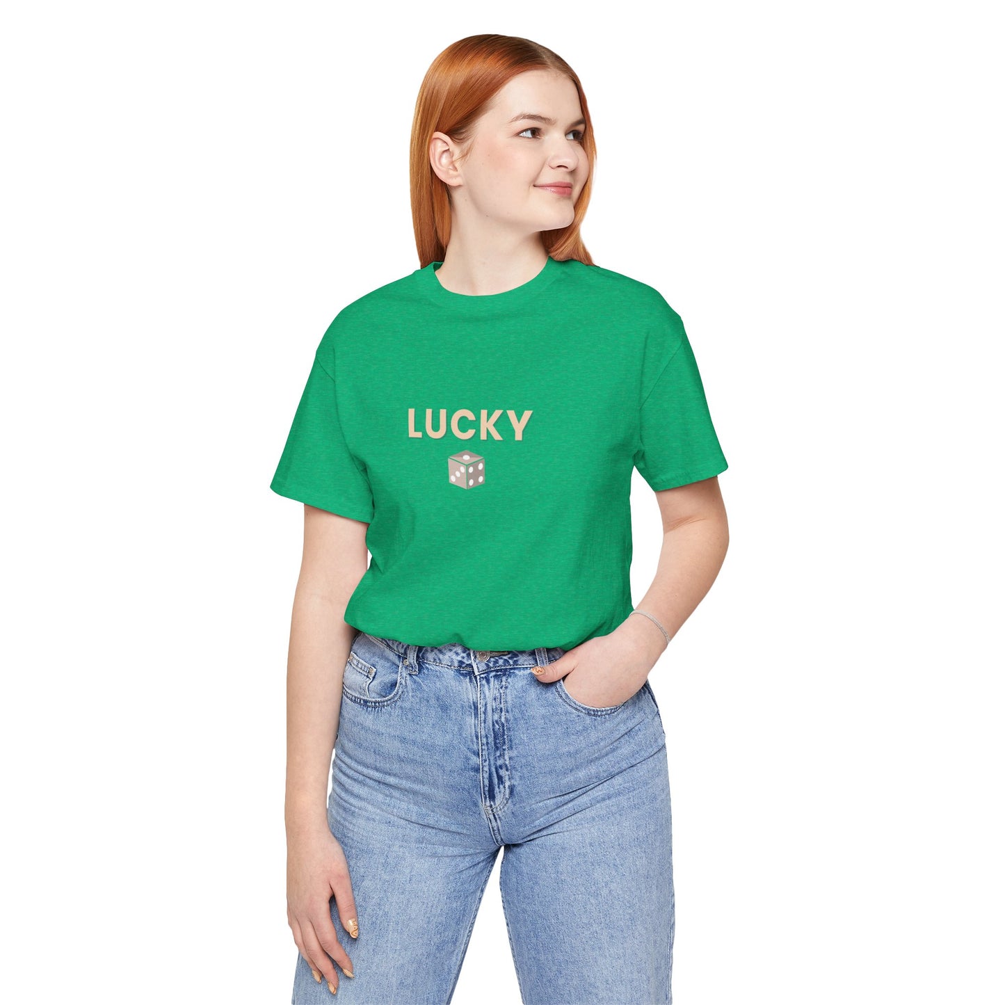 Person wearing a green t-shirt with 'LUCKY' printed on it against a white background