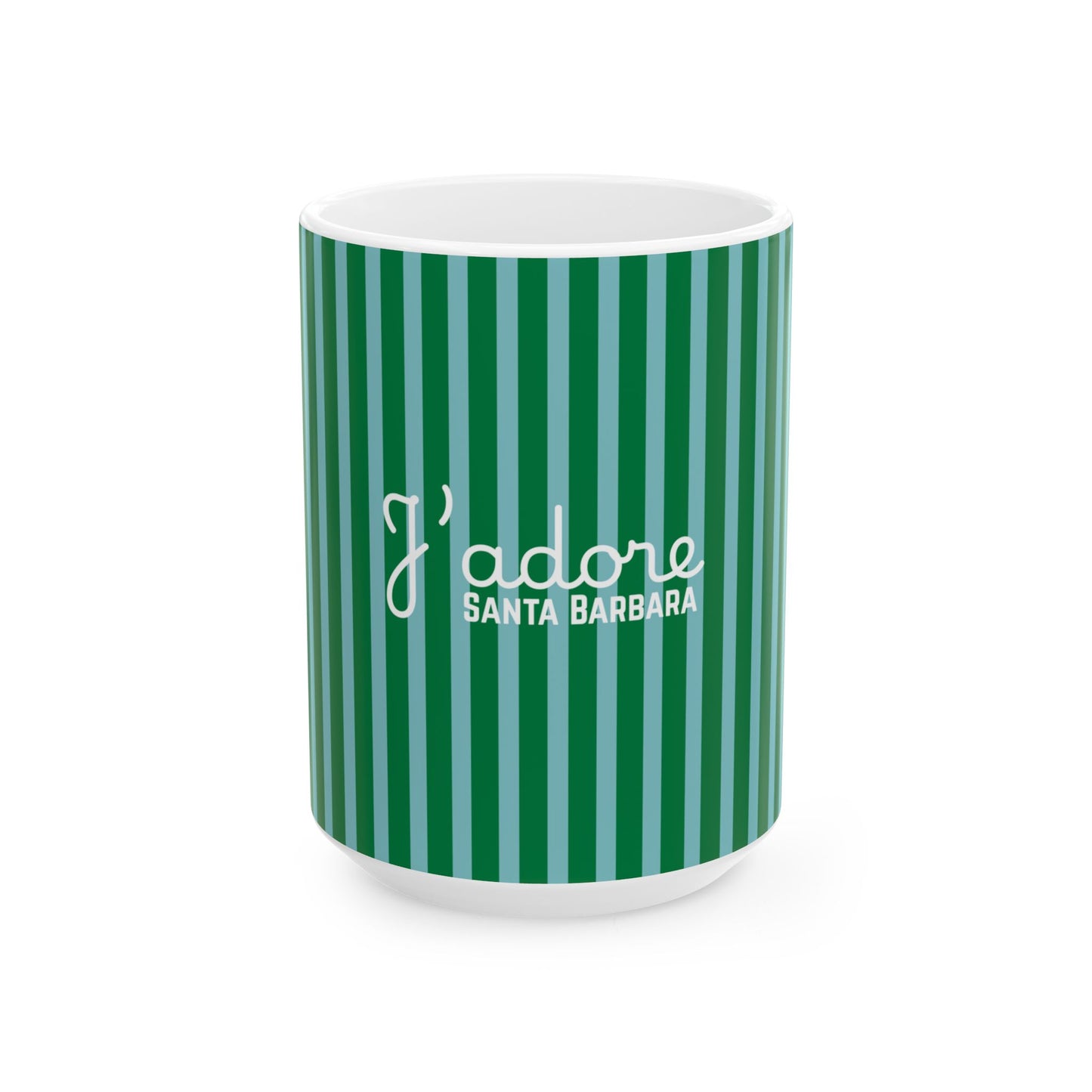 A white ceramic mug with a green and teal vertical stripe pattern, featuring the white text 'I adore SANTA BARBARA' on the front, set against a plain white background.