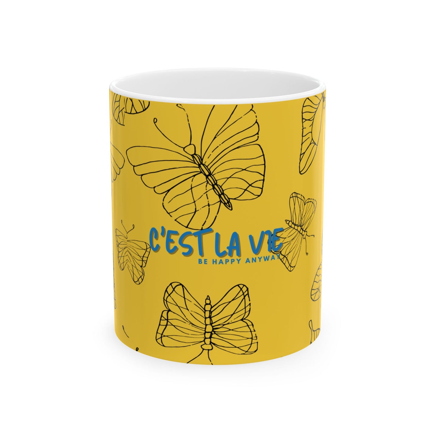 Yellow mug with butterfly design and 'C'est La Vie' text on a white background