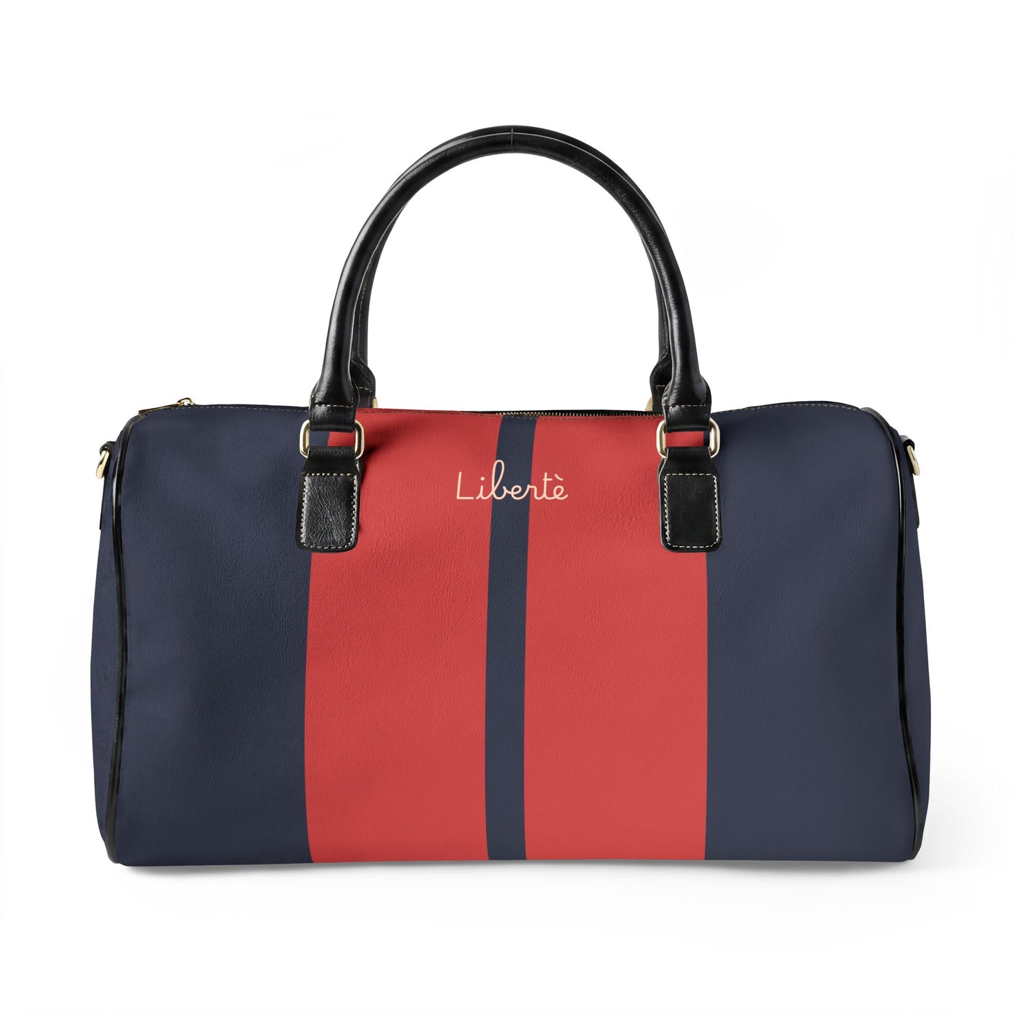 Navy and red duffel bag with 'Liberté' branding on a white background