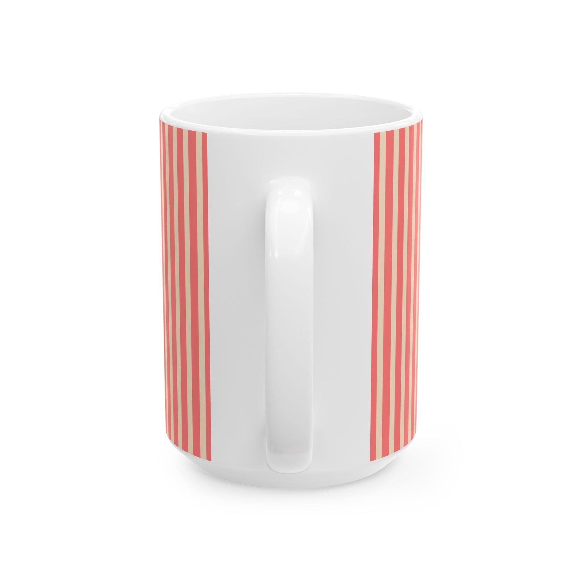 A white ceramic mug with a vertical coral-pink stripe pattern on both sides of the handle, shown against a plain white background.