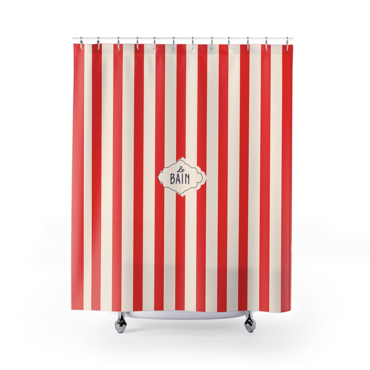 Red and white striped shower curtain with 'Le Bain' label on a white background