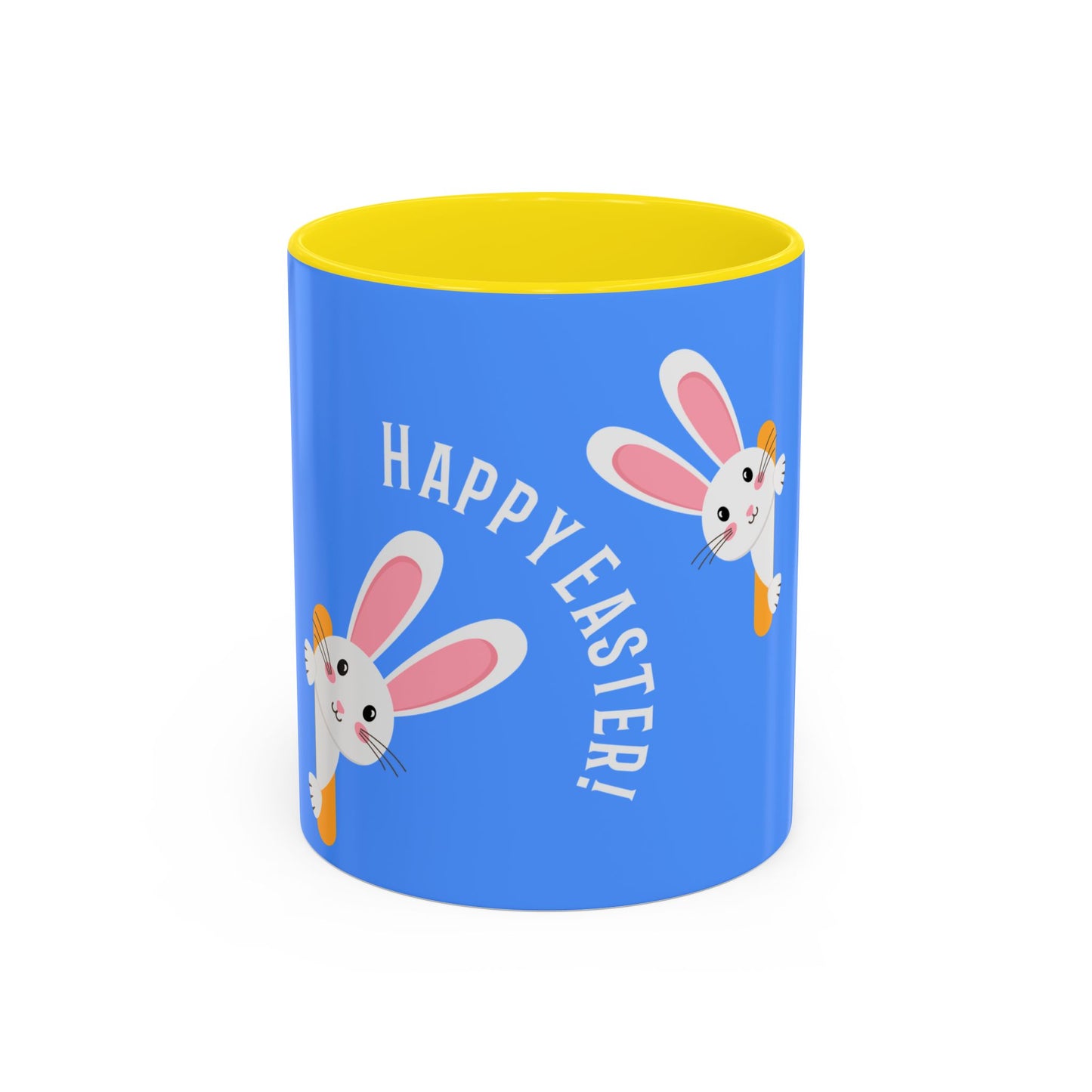 Blue mug with yellow interior, 'Happy Easter!' text, and bunny illustrations on a white background