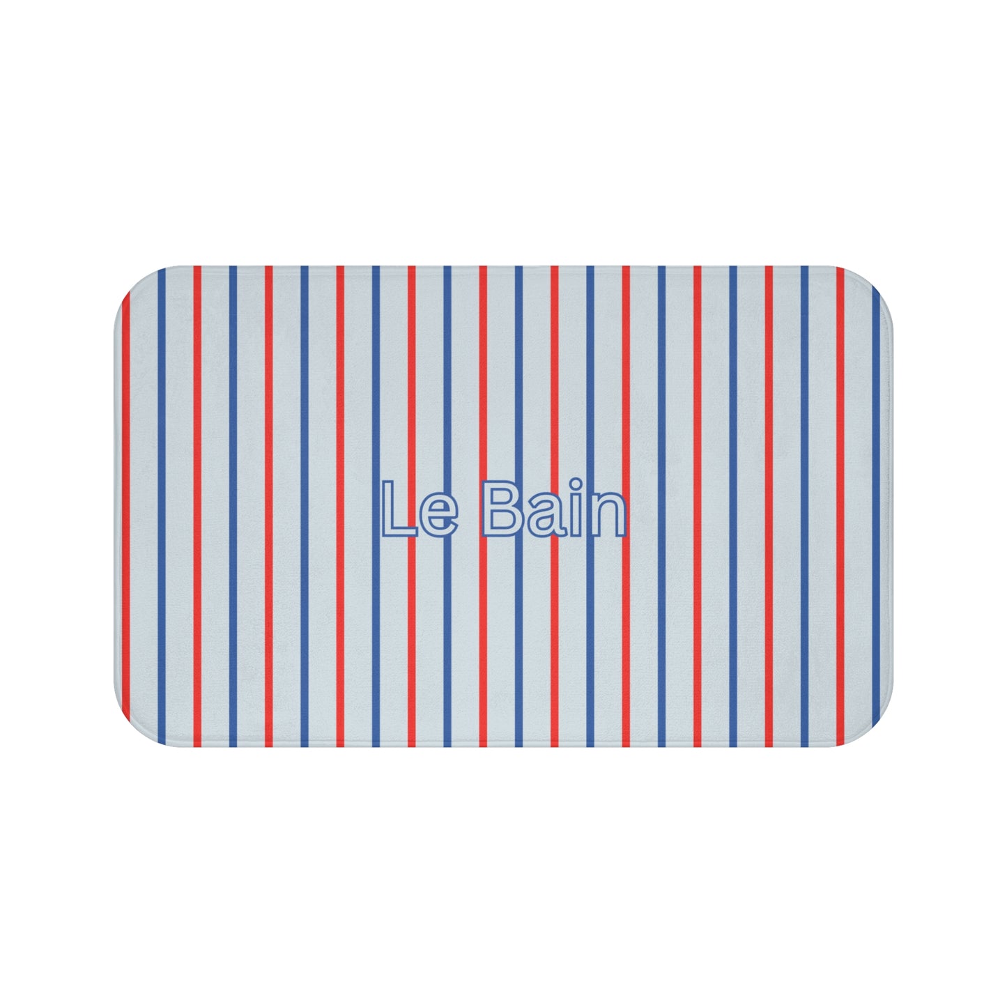 Striped bath mat with 'Le Bain' text on a white background