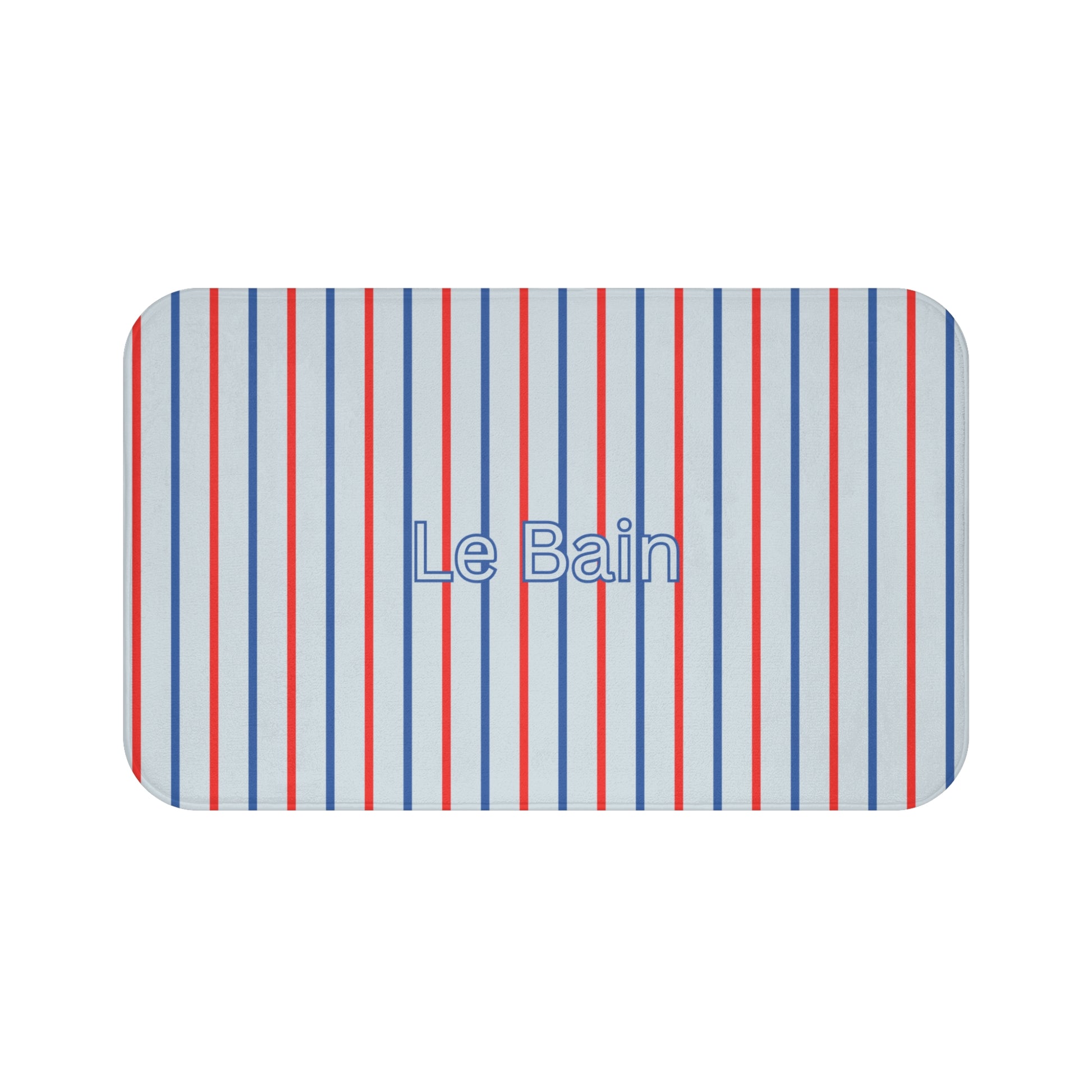 Striped bath mat with 'Le Bain' text on a white background