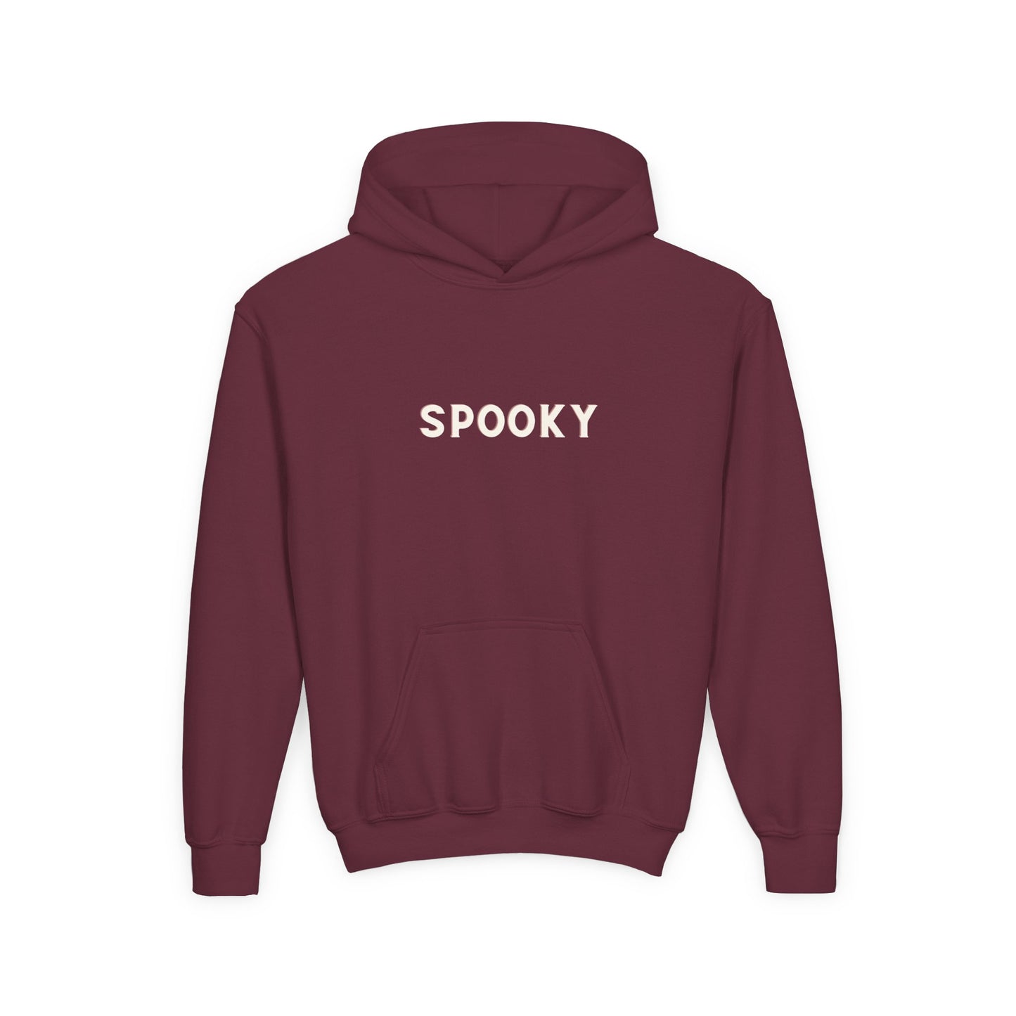 Maroon hoodie with 'SPOOKY' text on the back against a white background