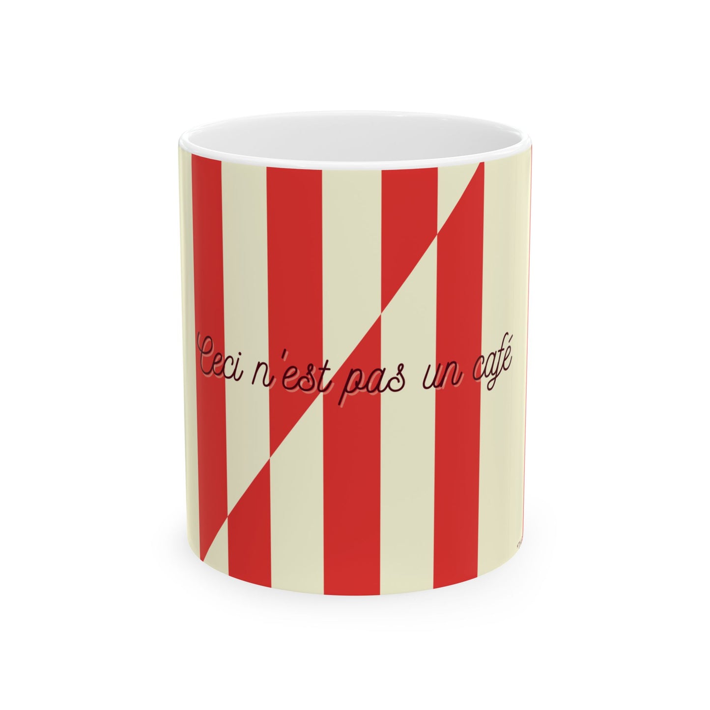 Mug with red and white striped pattern and text on a white background